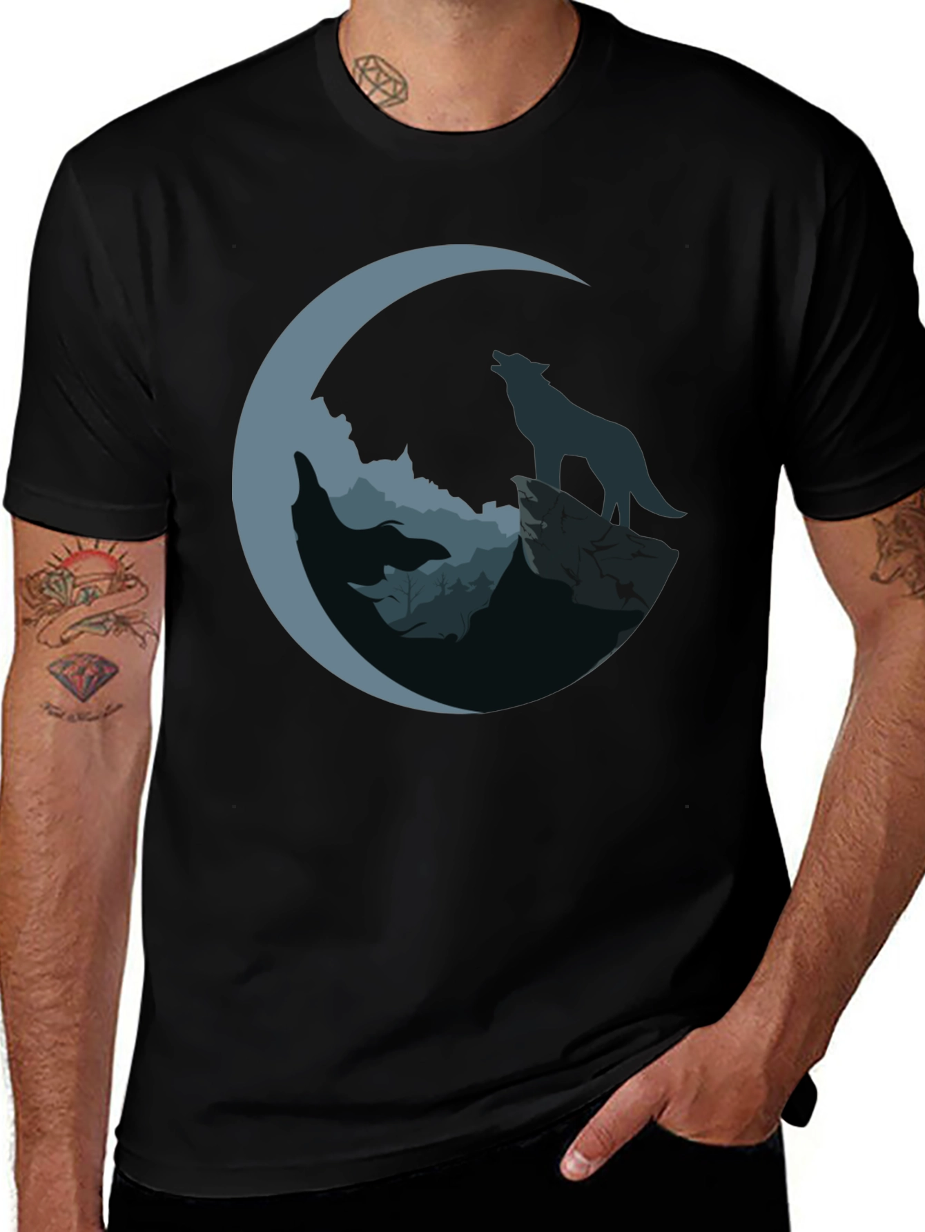 Variant 16 of Wolf Moon Graphic Tee - Stylish Men's Black T-Shirt