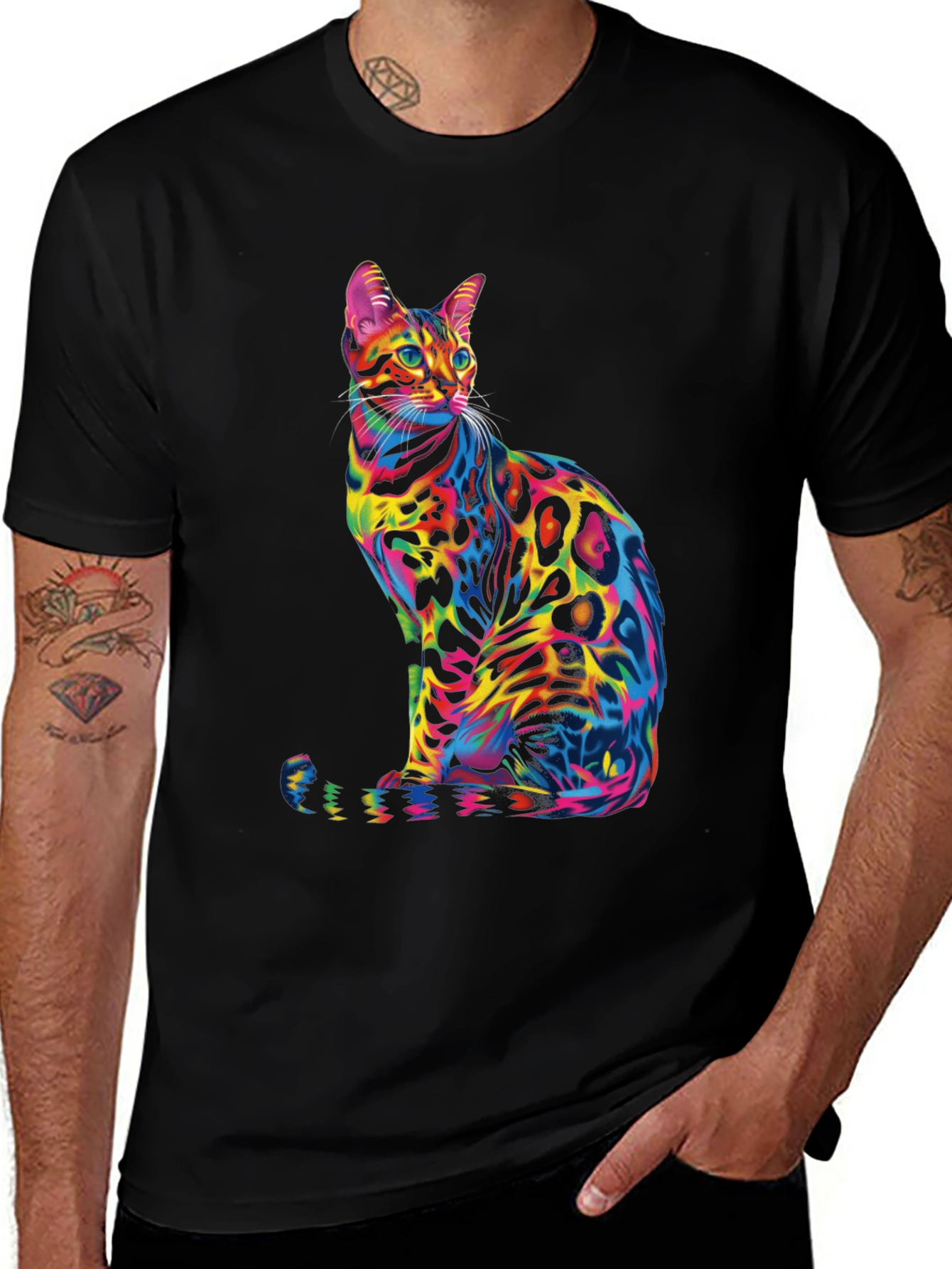 Variant 25 of Colorful Cat Graphic Black T-Shirt