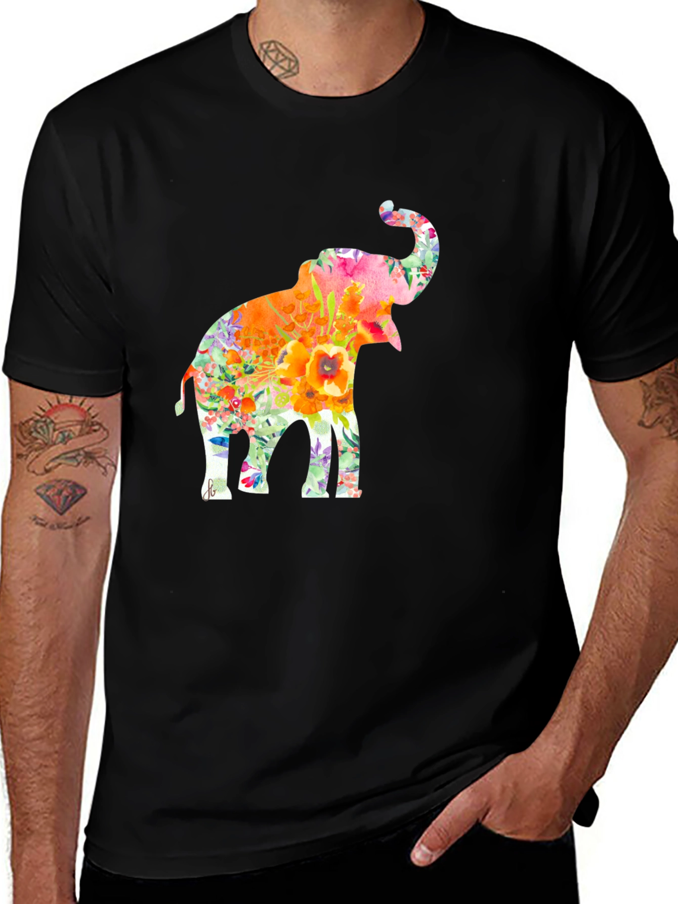Variant 22 of Floral Elephant Graphic Tee - Trendy Black T-Shirt