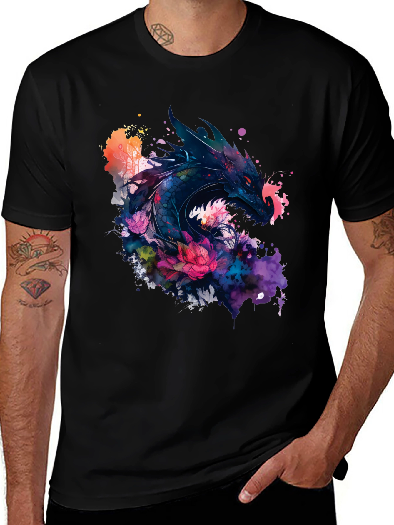 Variant 15 of Dragon & Flowers Graphic Black Tee