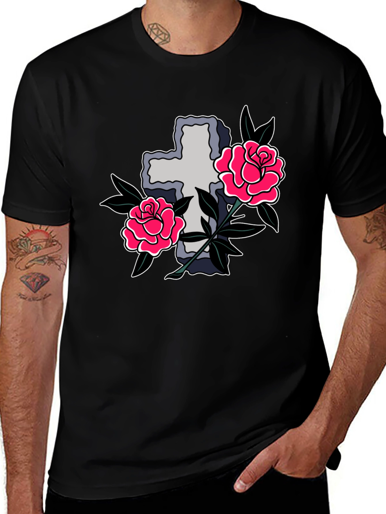 Variant 26 of Cross and Roses Graphic Print Black T-Shirt