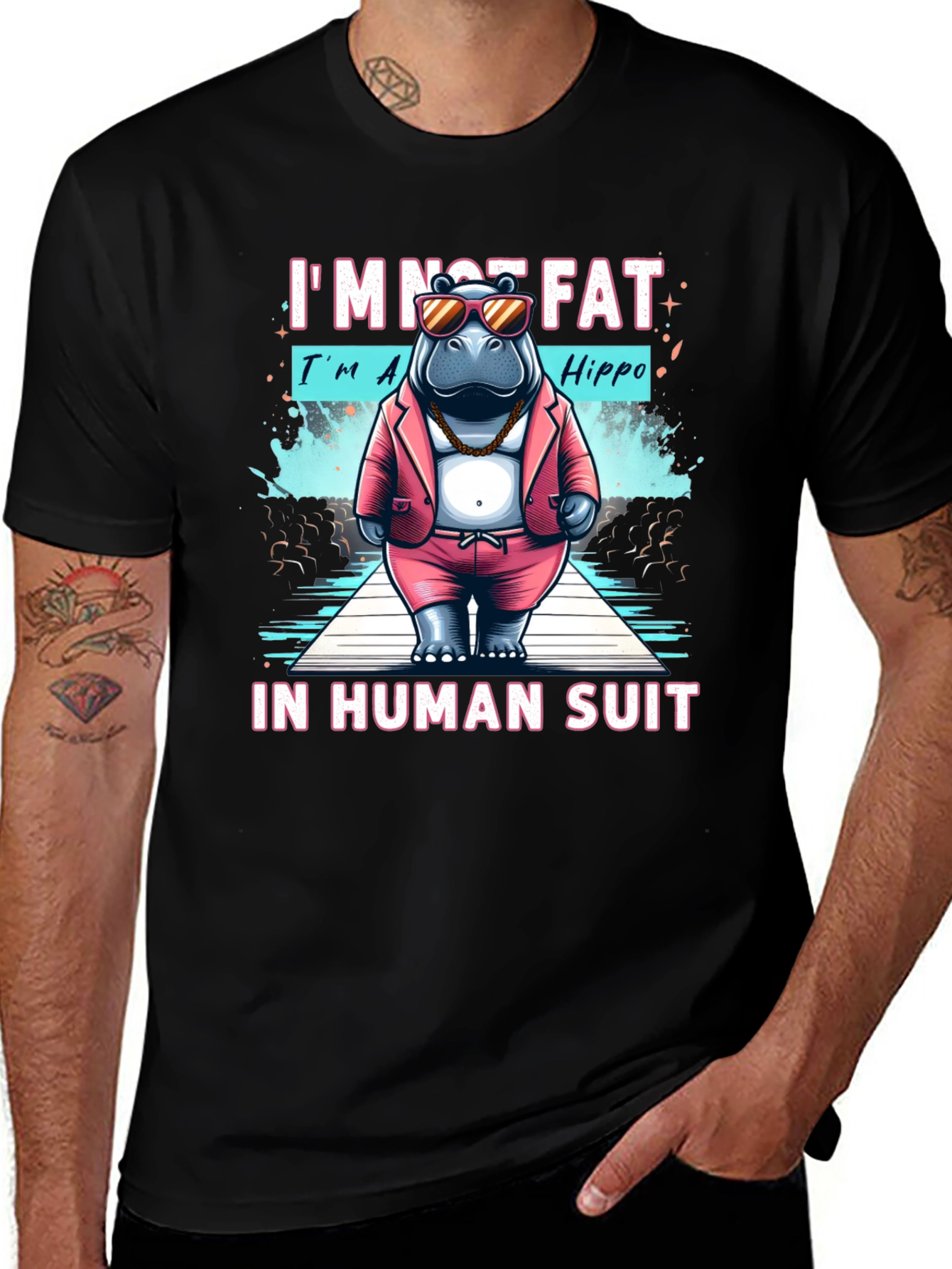 Variant 19 of Funny Hippo in Human Suit Graphic Tee