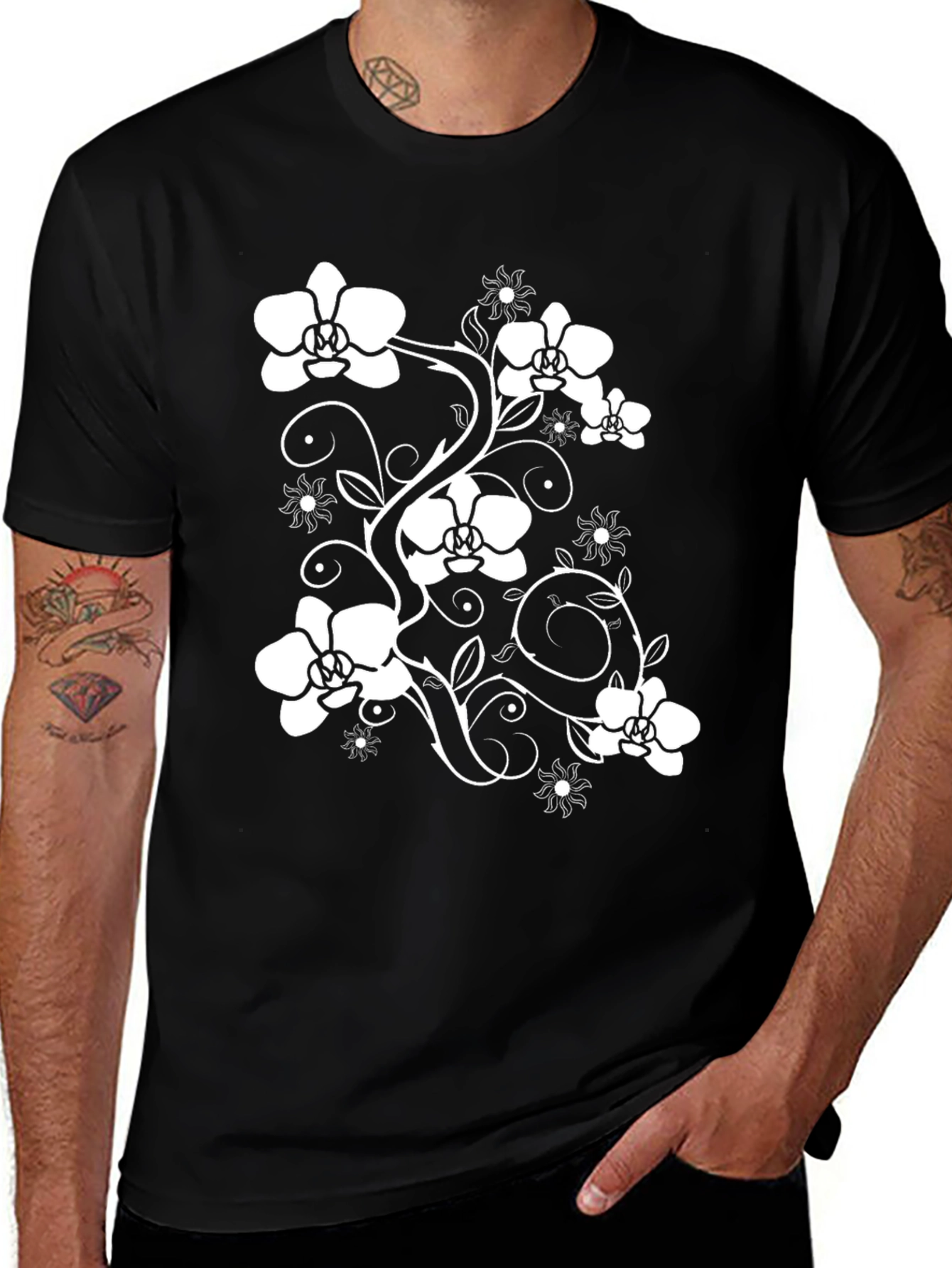 Floral Orchid Vine Graphic Print Tee - Black
