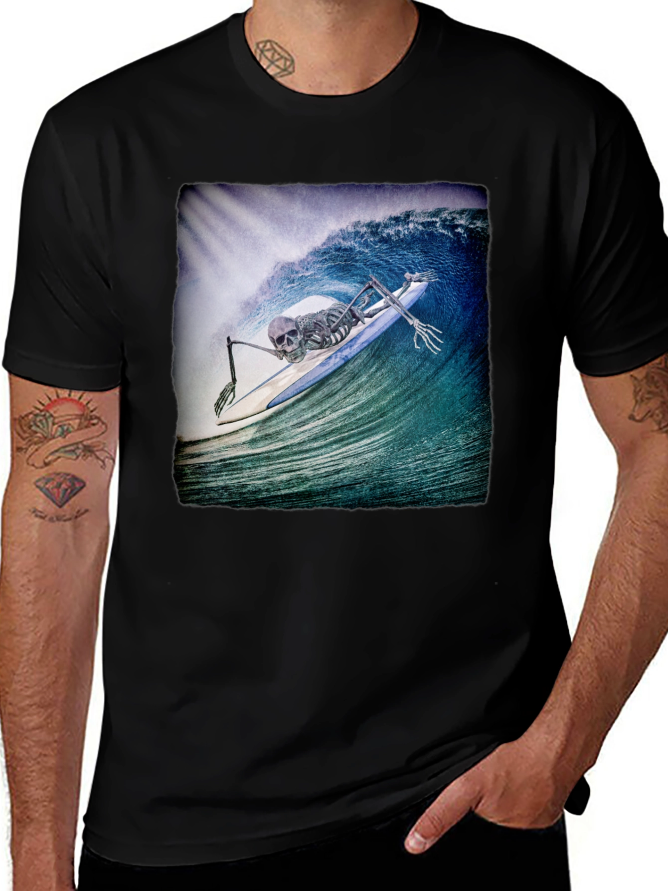 Variant 26 of Skeleton Surfer T-Shirt - Black Crew Neck Tee