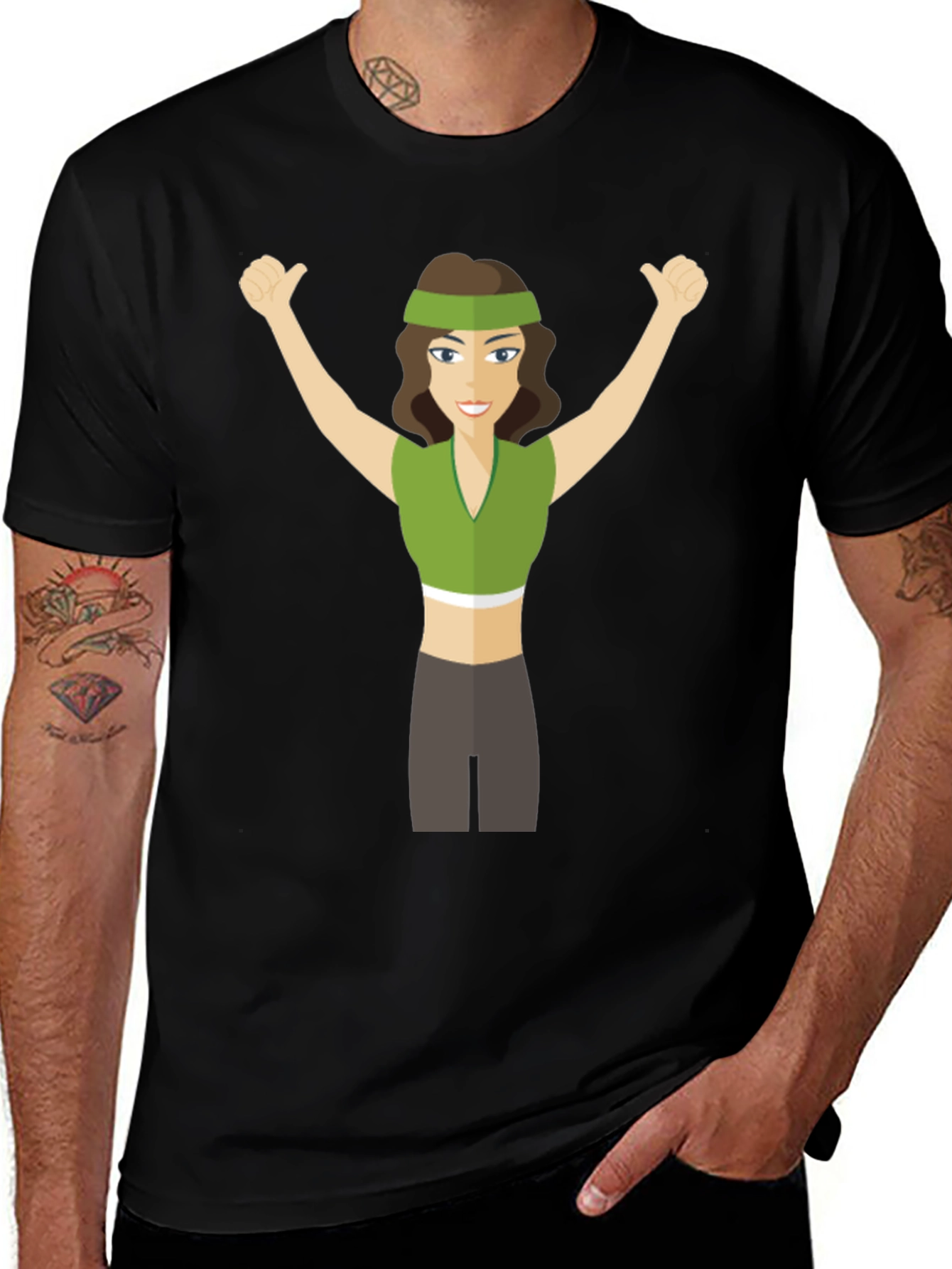 Variant 25 of Cartoon Woman Graphic Tee - Black Crew Neck T-Shirt