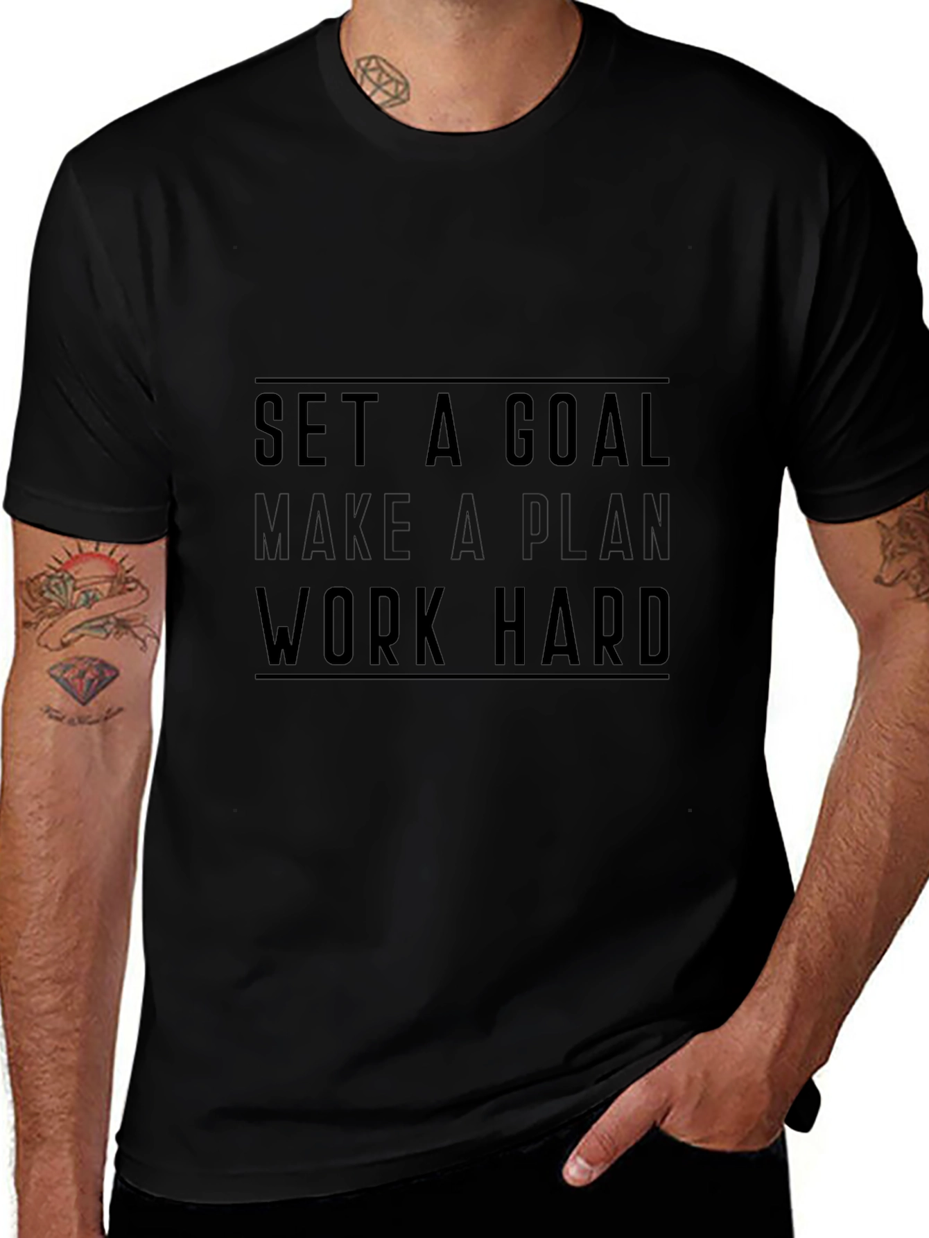 Variant 8 of Motivational Black T-Shirt: Set Goals, Plan, Work