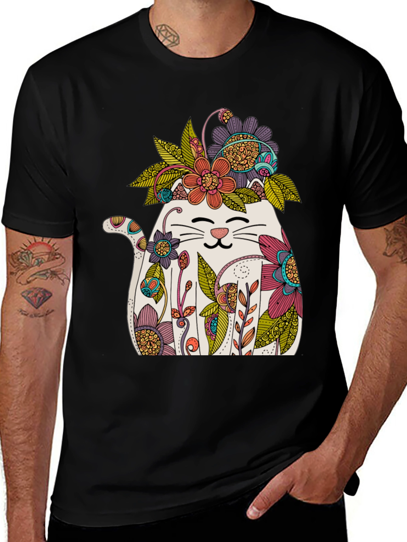 Variant 24 of Floral Cat Graphic T-Shirt - Whimsical Men's Tee