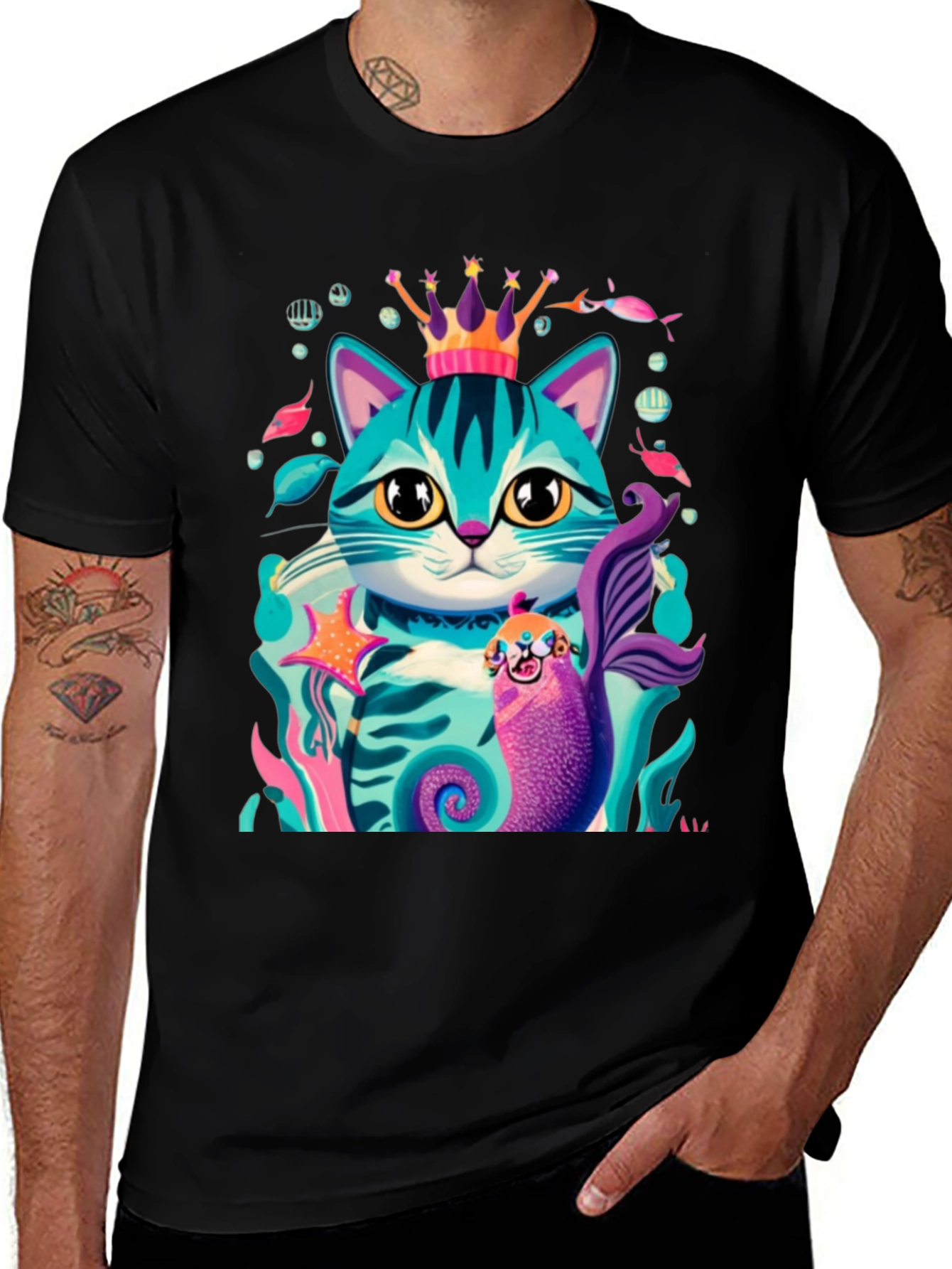 Variant 3 of Cartoon Cat Mermaid Graphic Tee - Stylish Black T-Shirt