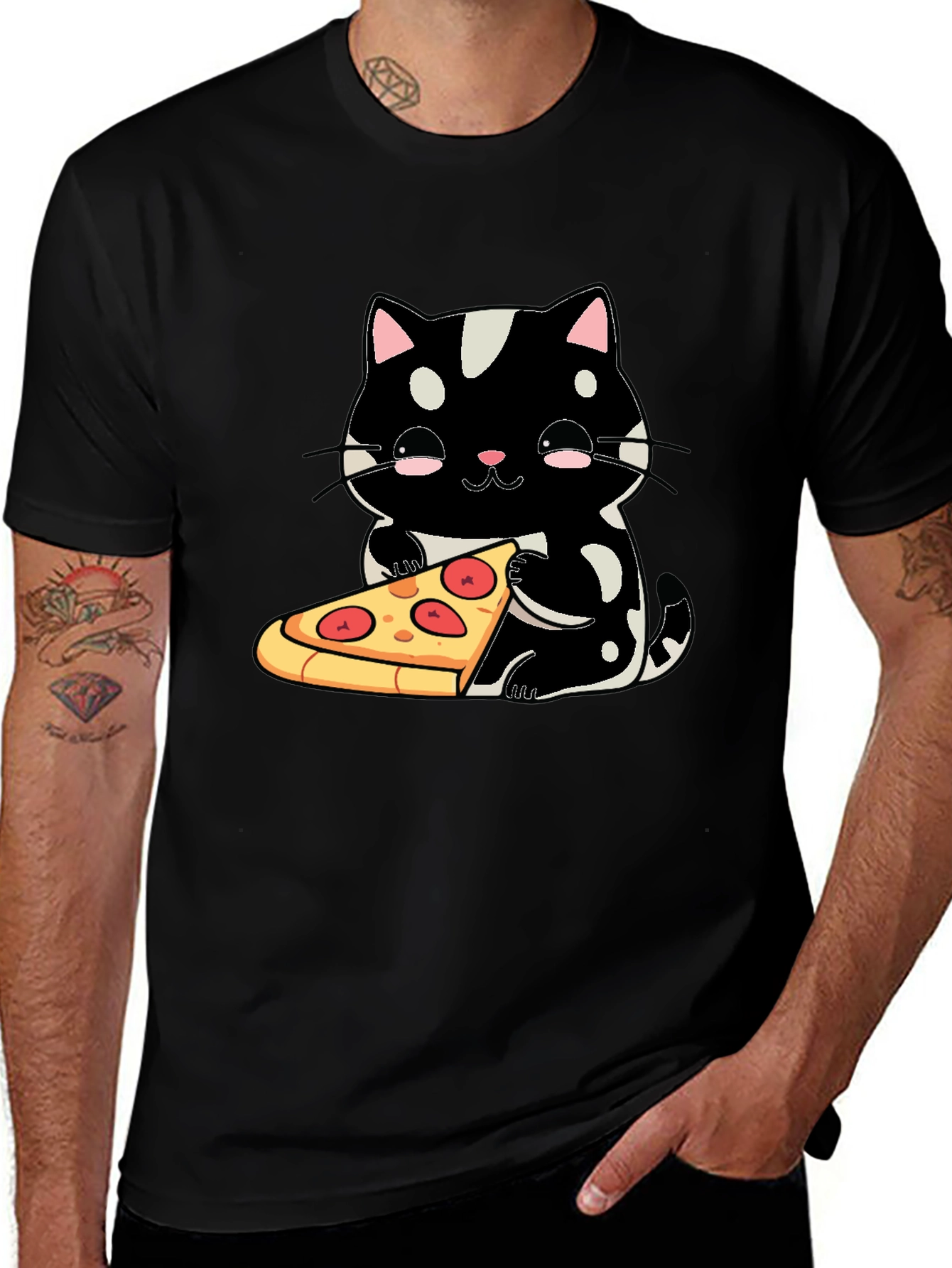 Variant 29 of Cute Cat Pizza Graphic Tee - Black Cotton T-Shirt