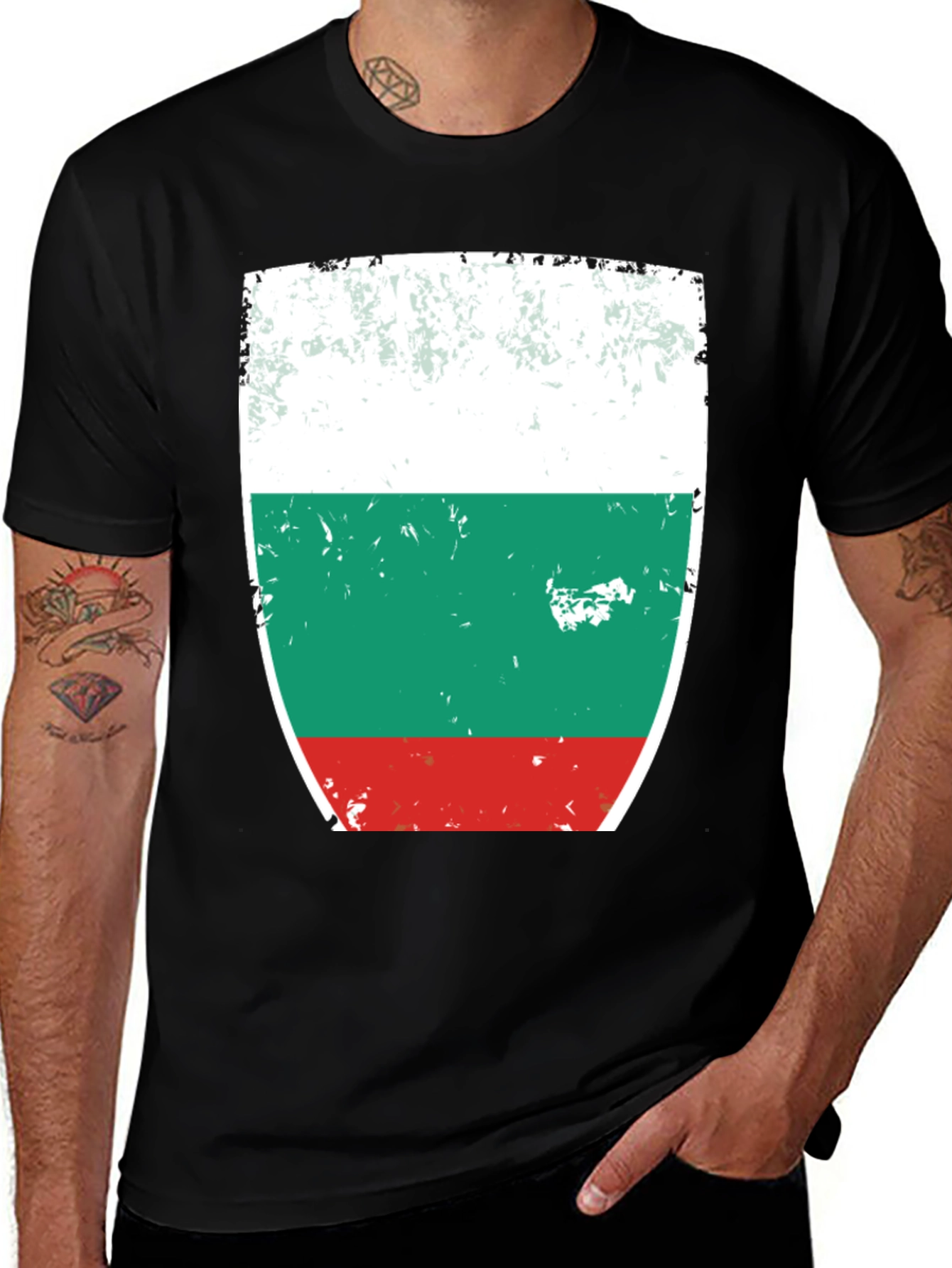 Variant 10 of Bulgaria Flag T-Shirt, Distressed Design, Black