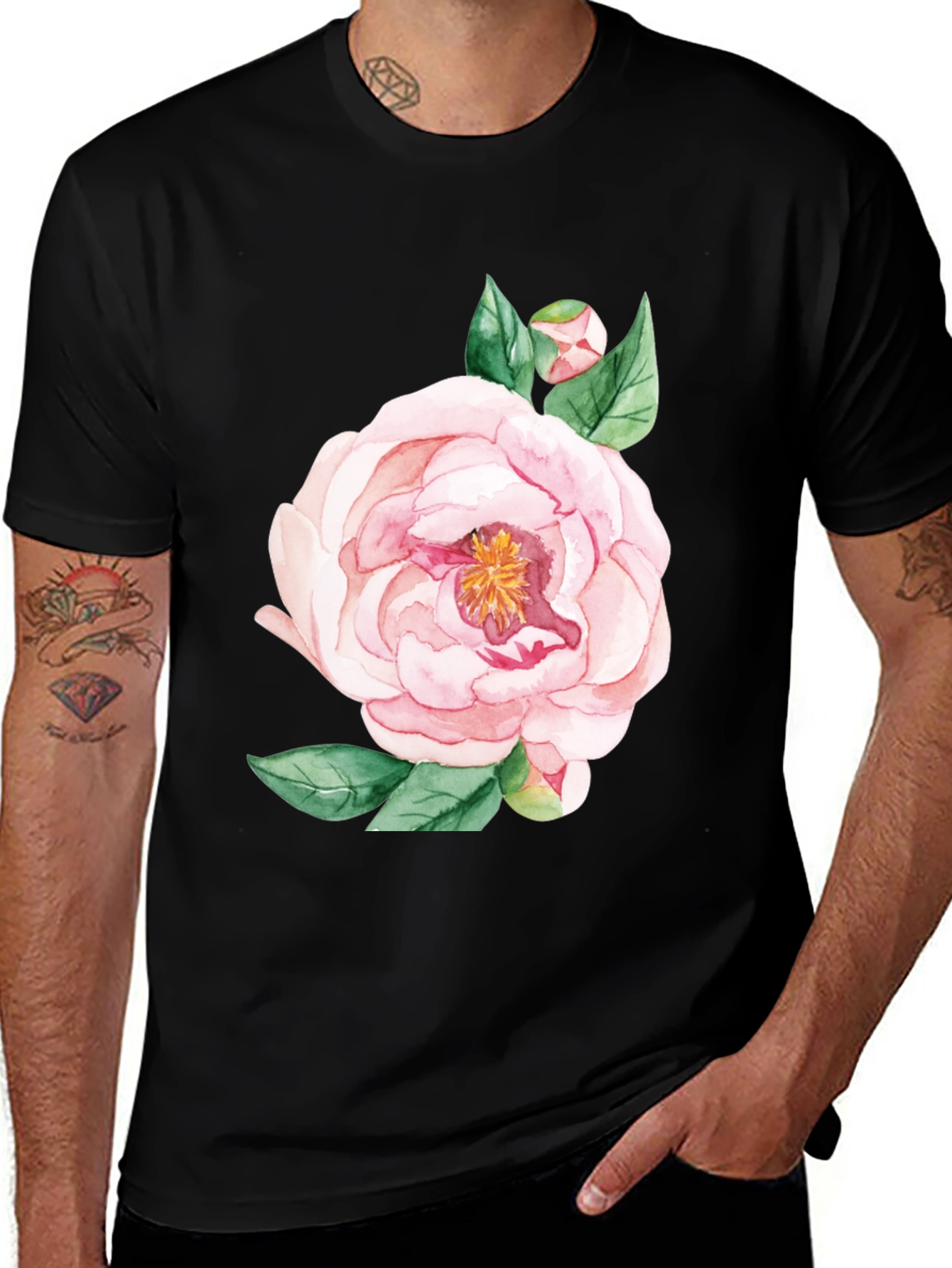 Variant 27 of Black T-Shirt with Floral Peony Design