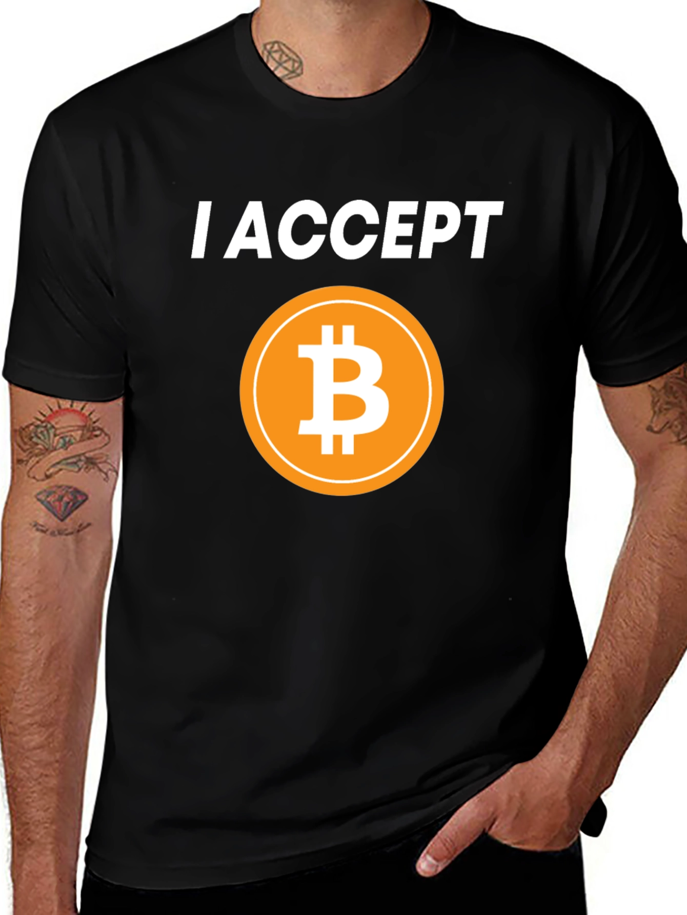 I Accept Bitcoin Black T-Shirt Cryptocurrency BTC Tee