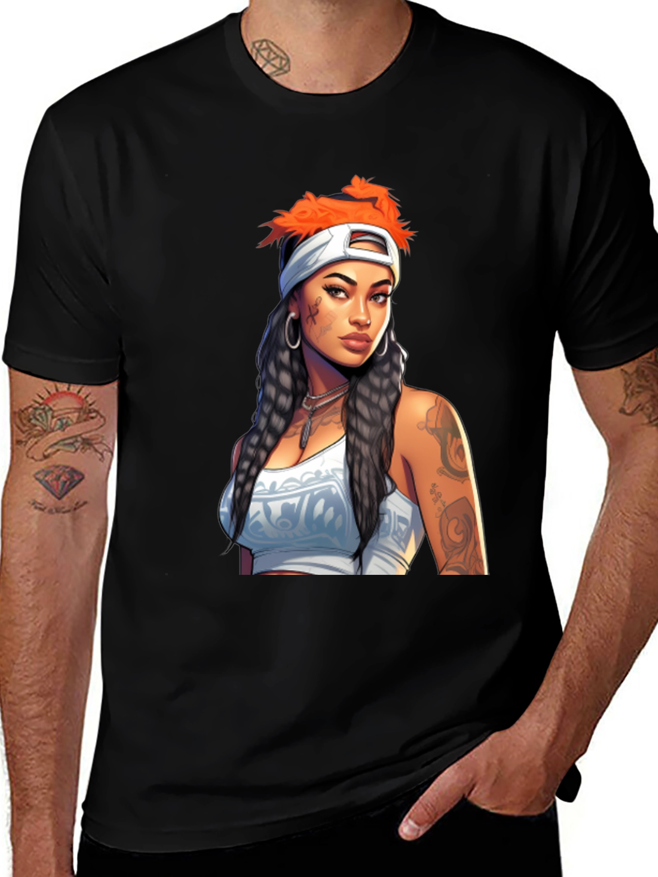 Variant 11 of Black Tee with Tattooed Woman Graphic