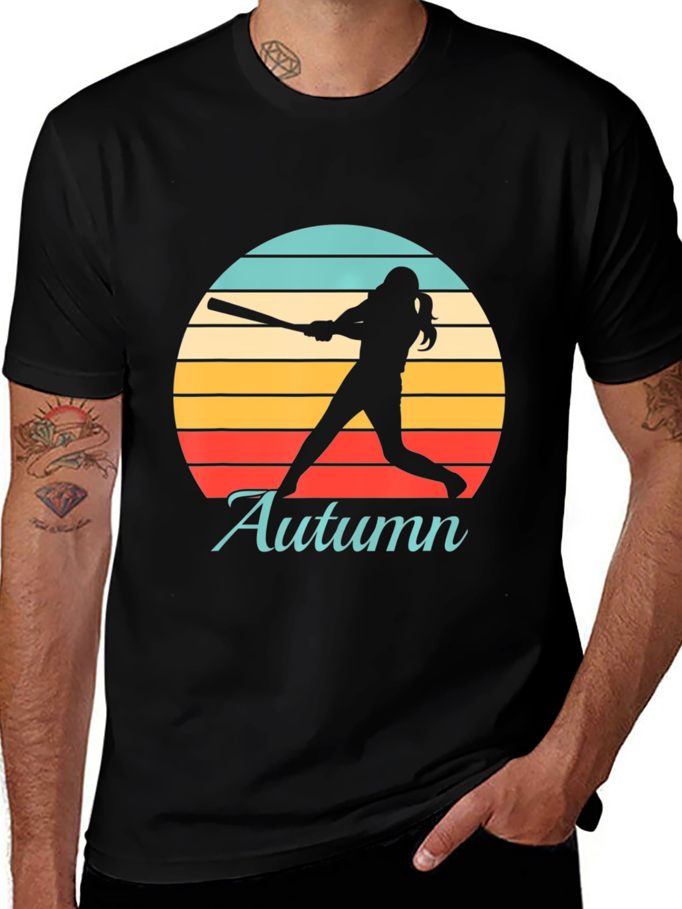 Black Autumn Softball T-Shirt Retro Sunset Silhouette main image
