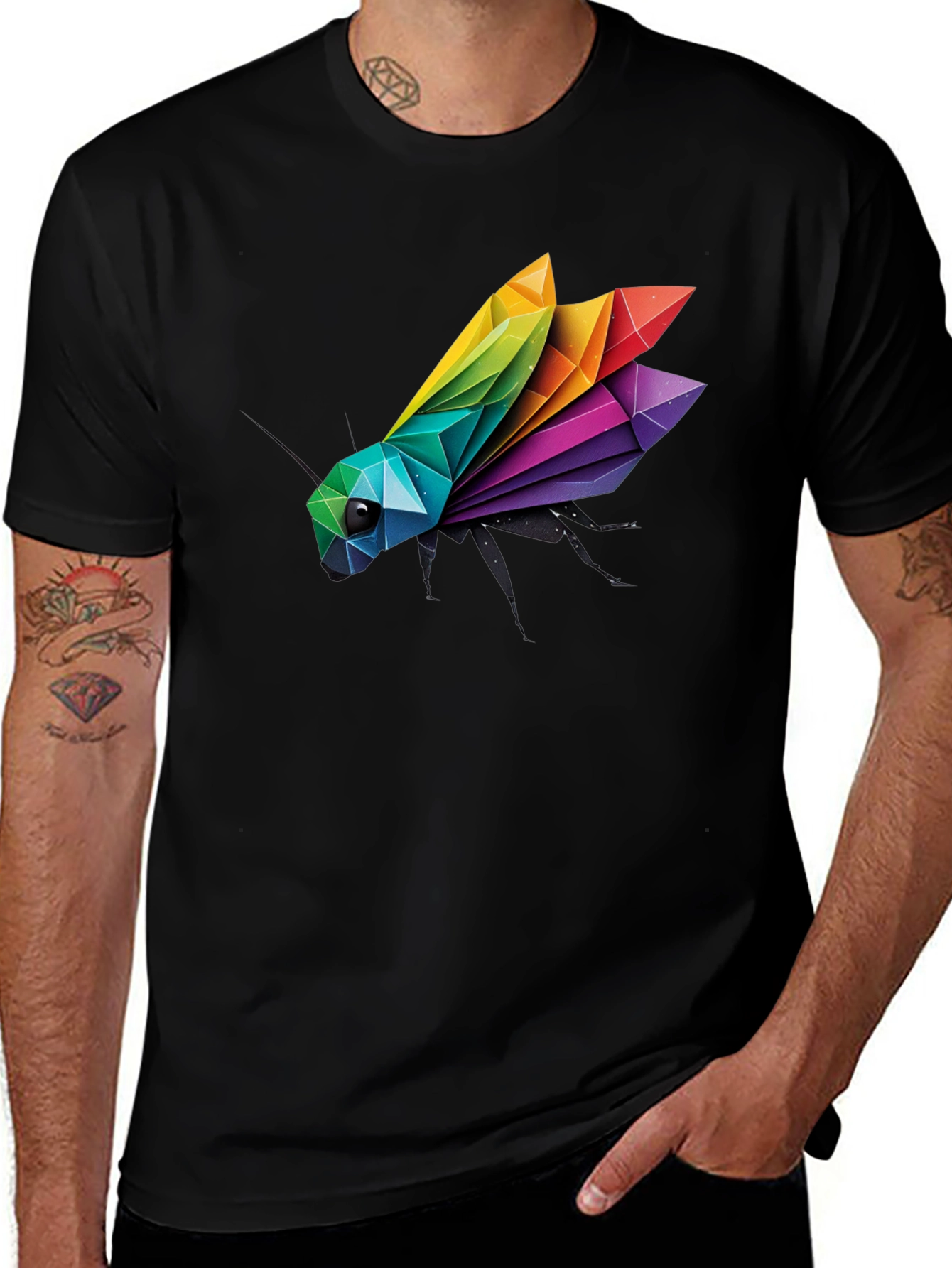 Variant 3 of Geometric Rainbow Bug Graphic Tee - Stylish Men's Black T-Shirt