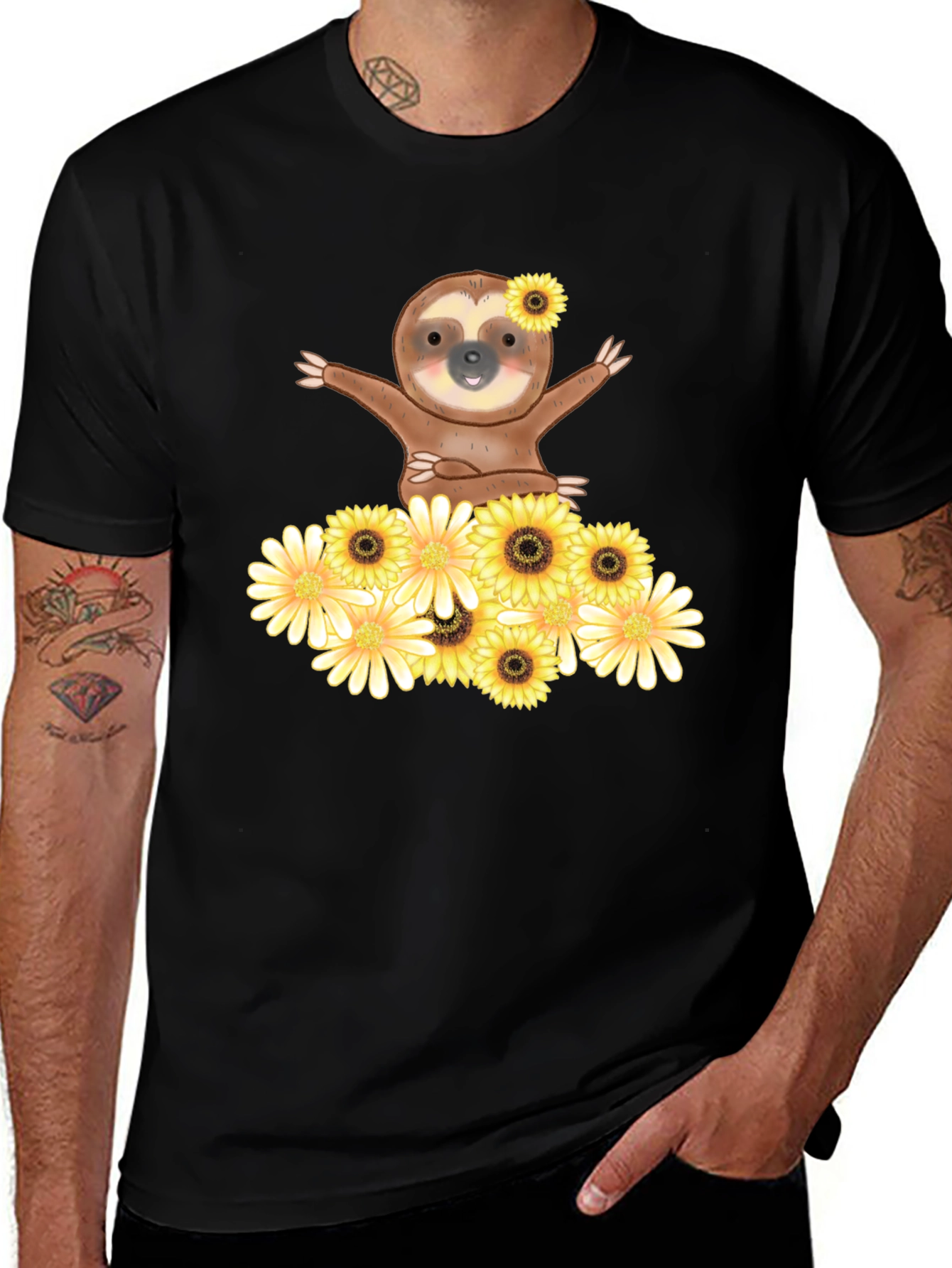 Sloth & Sunflower Graphic Tee - Black Cotton Shirt