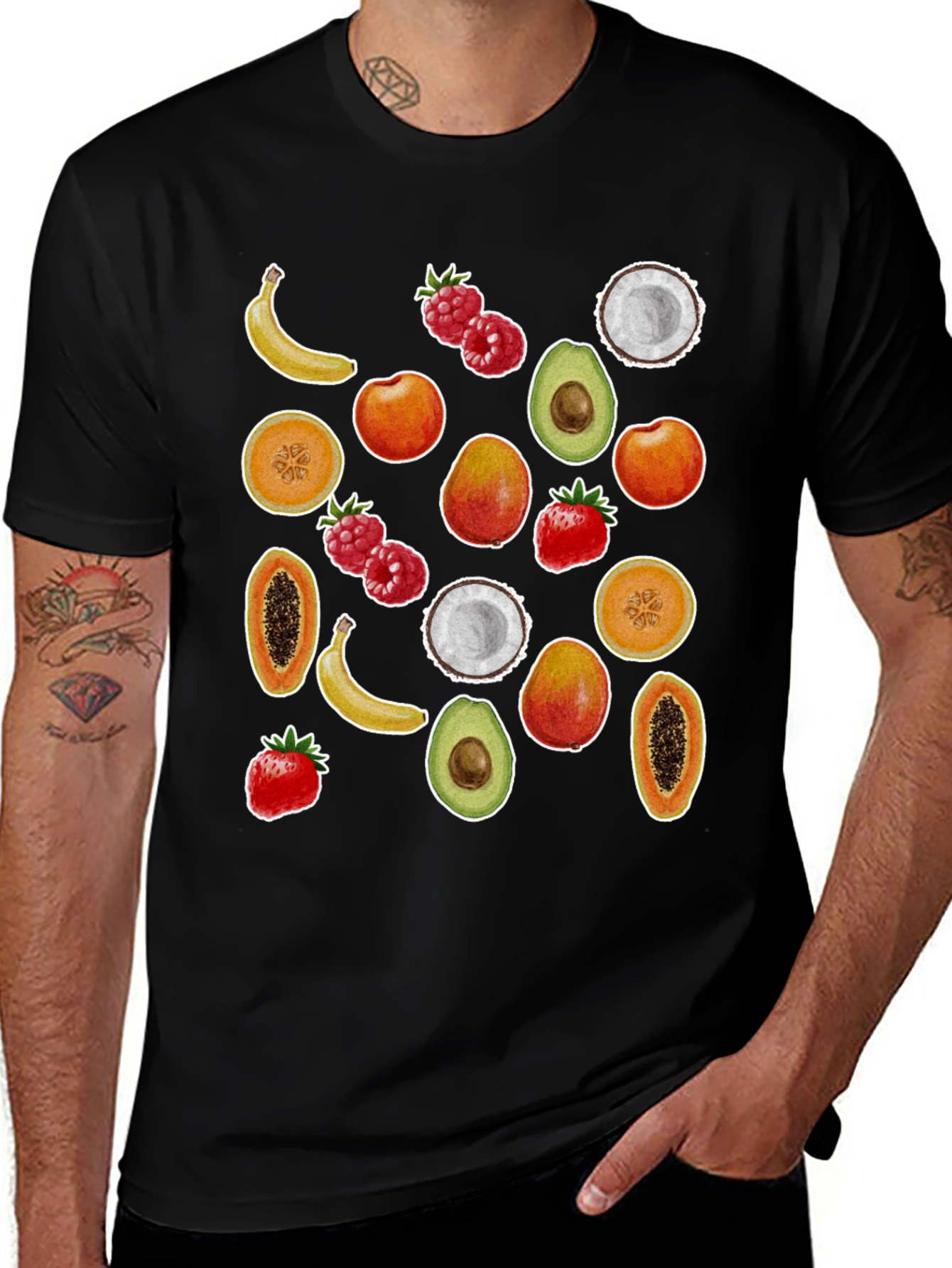 Tropical Fruit Pattern Black T-shirt
