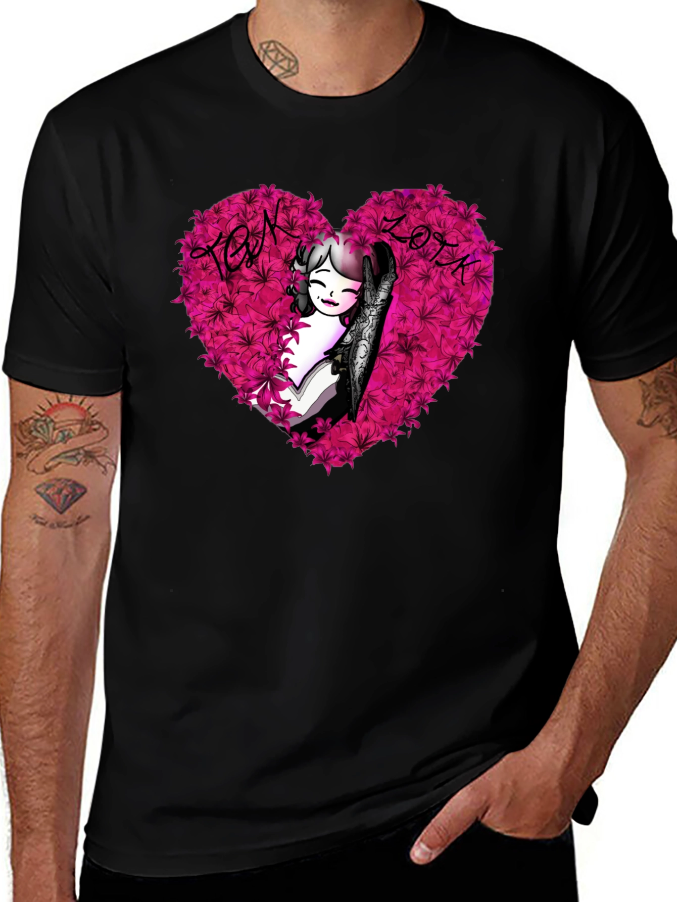 Variant 7 of Floral Heart Anime Graphic T-Shirt - Black