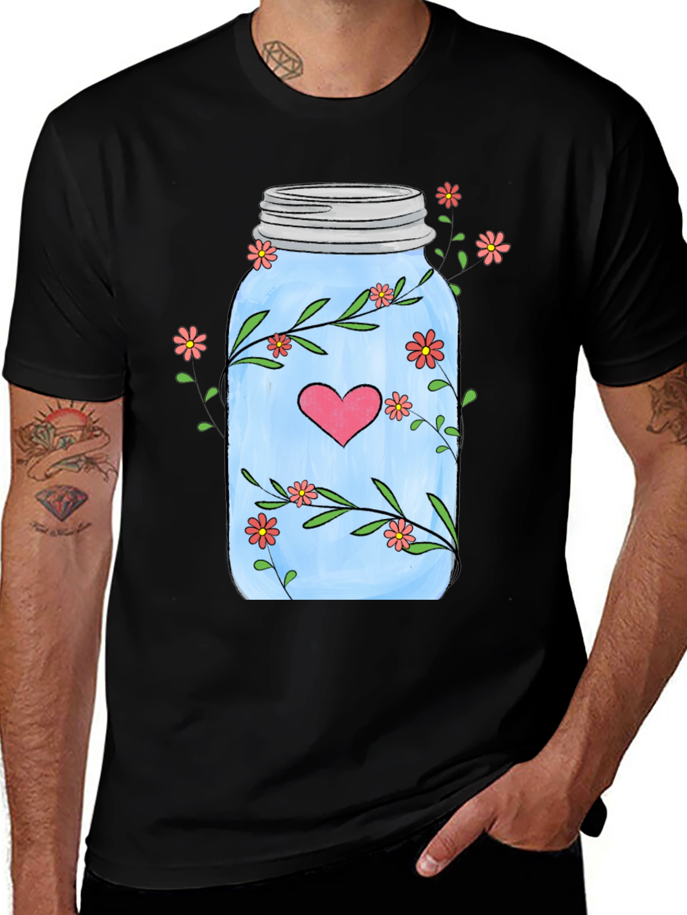 Floral Mason Jar Heart T-Shirt - Unique Design