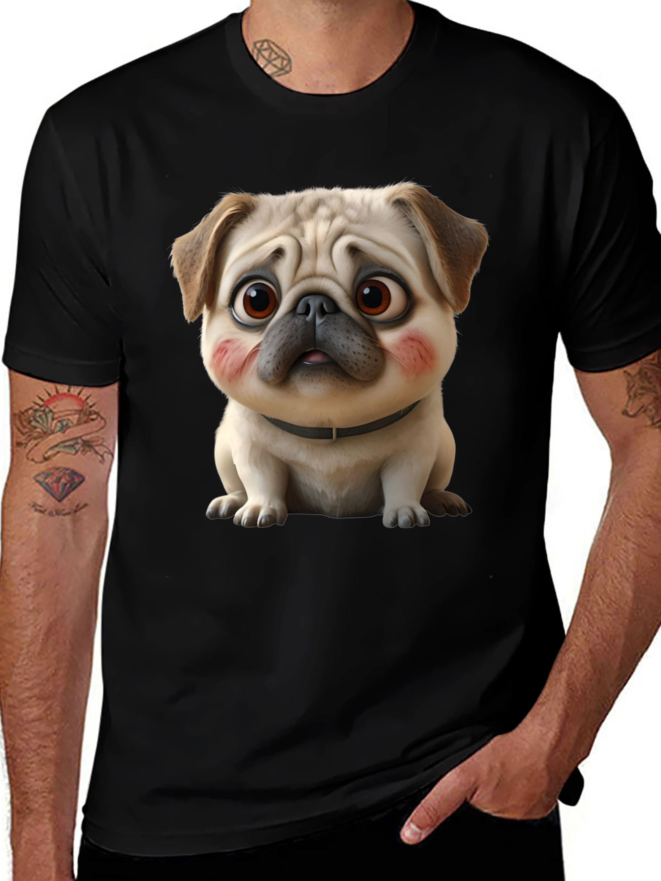 Variant 16 of Cute Cartoon Pug Dog Black T-Shirt