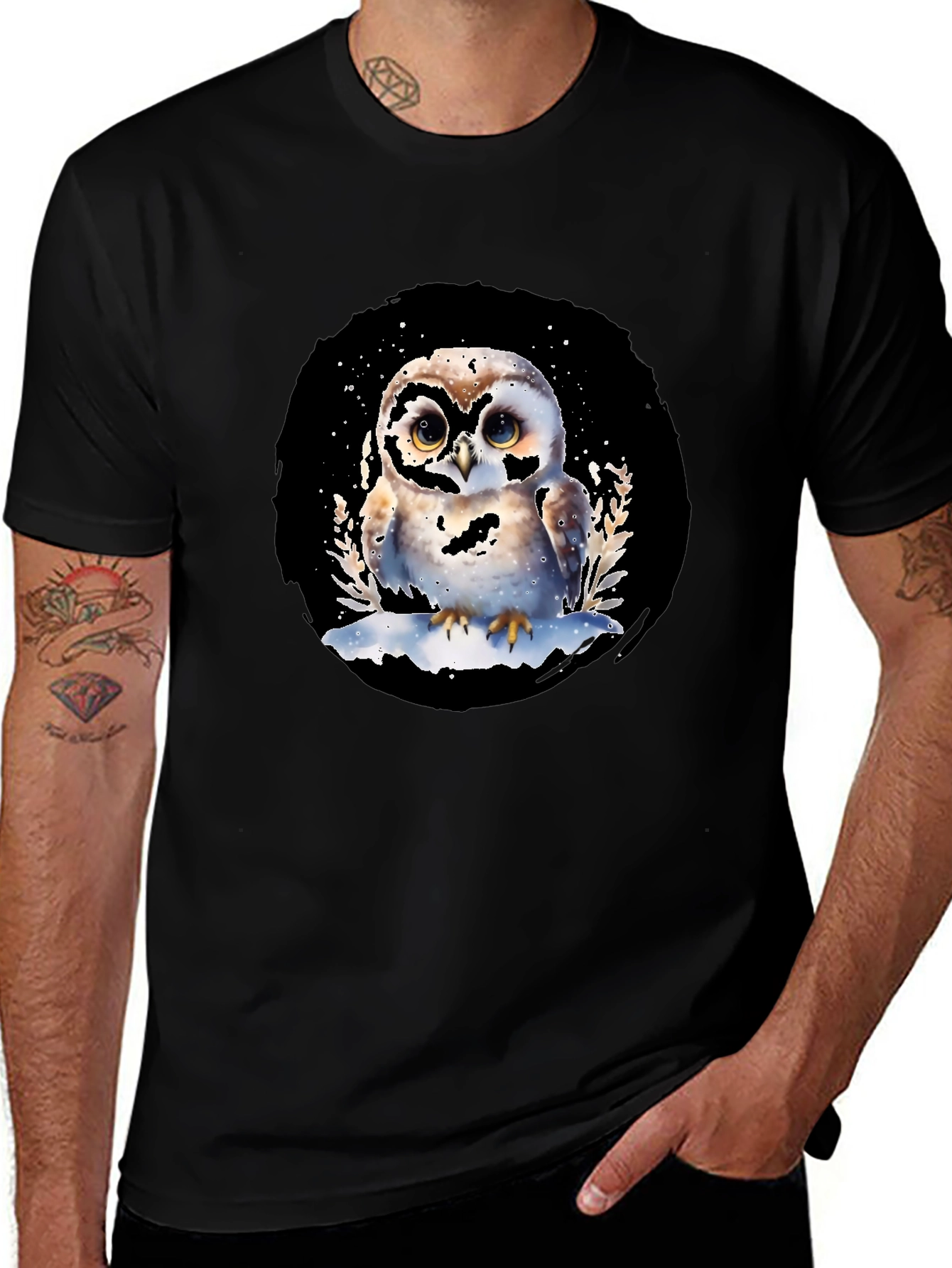 Owl Graphic Print Black T-Shirt