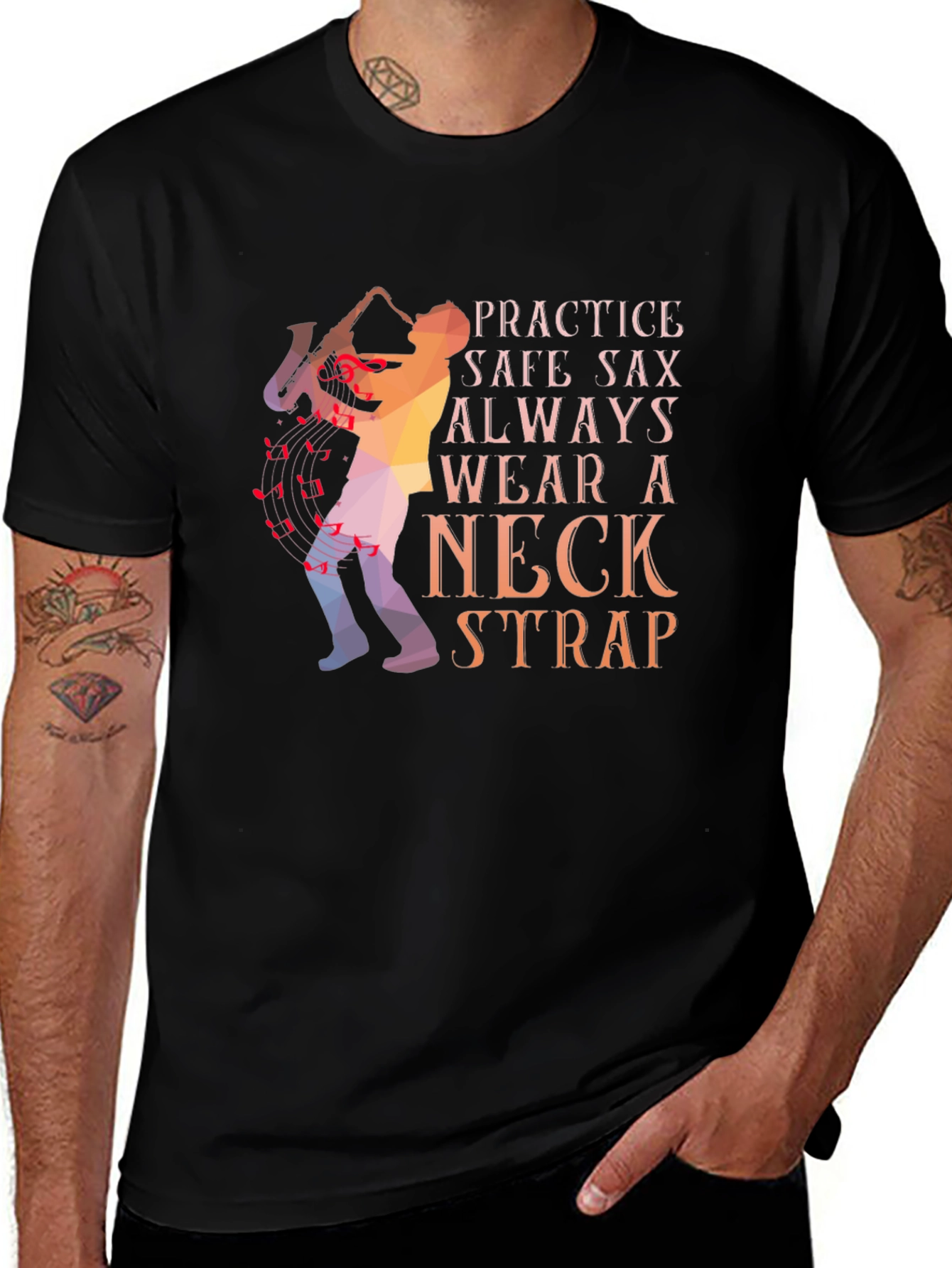 Variant 16 of Practice Safe Sax T-Shirt - Neck Strap Design