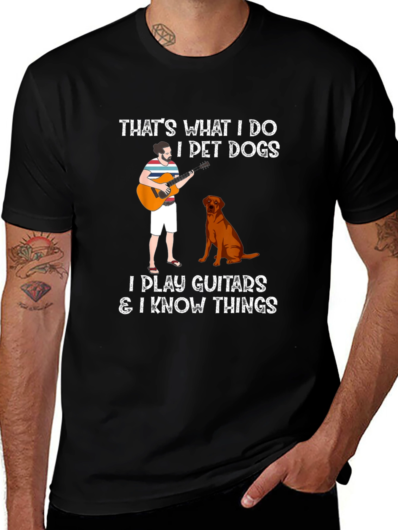 Variant 29 of Men's "I Pet Dogs, Play Guitars" Graphic Tee