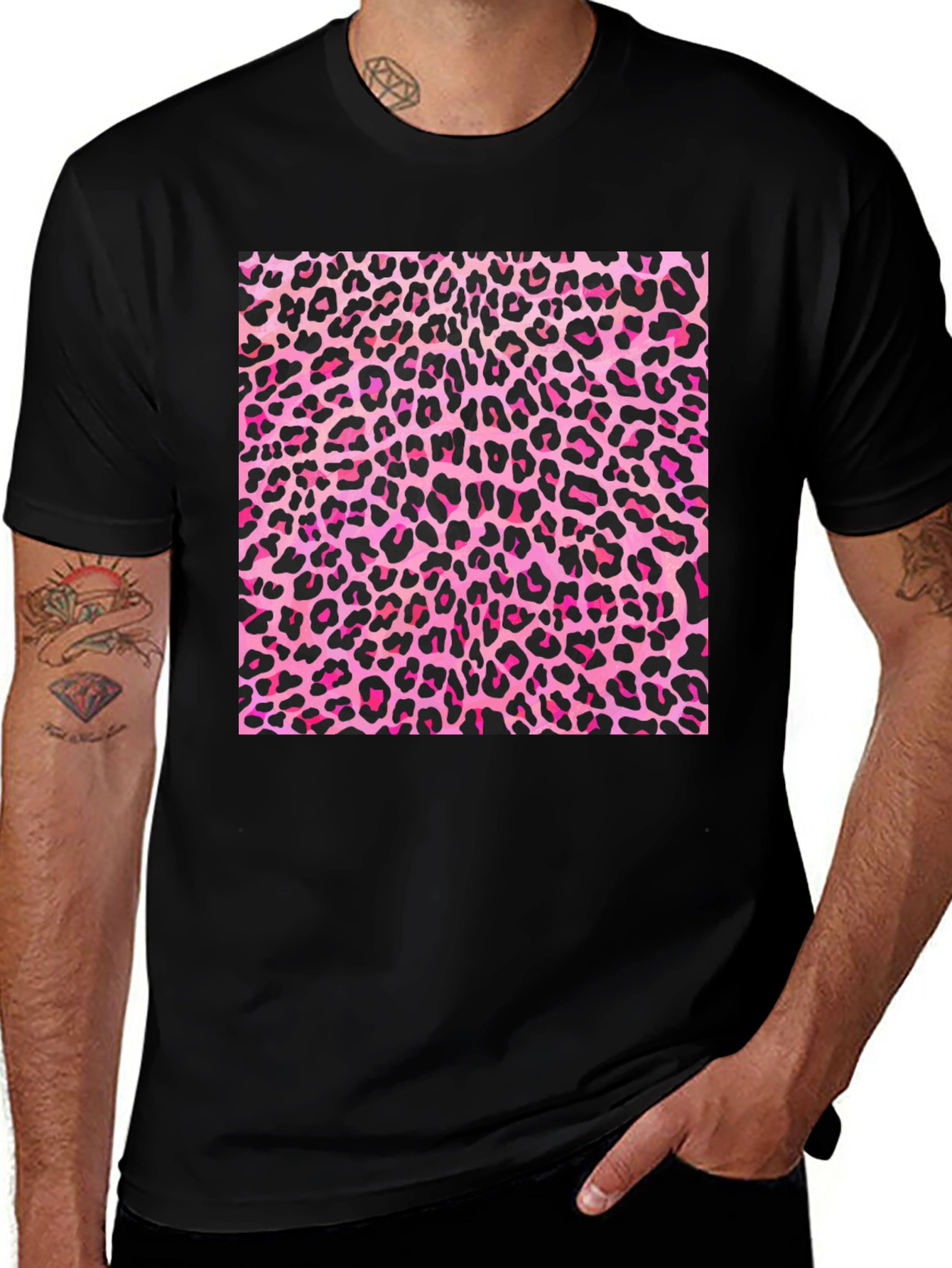 Variant 20 of Pink Leopard Print Black T-Shirt