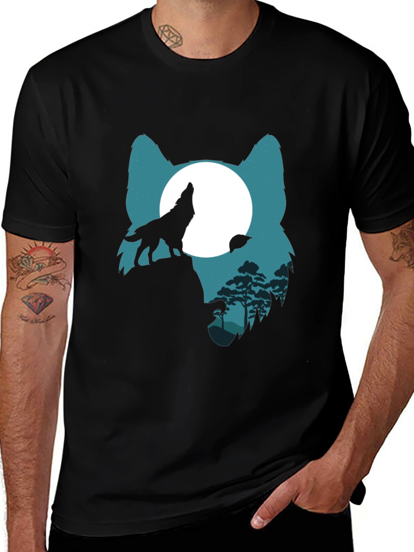 Variant 12 of Wolf Silhouette Moon Graphic Tee - Men's Black T-Shirt