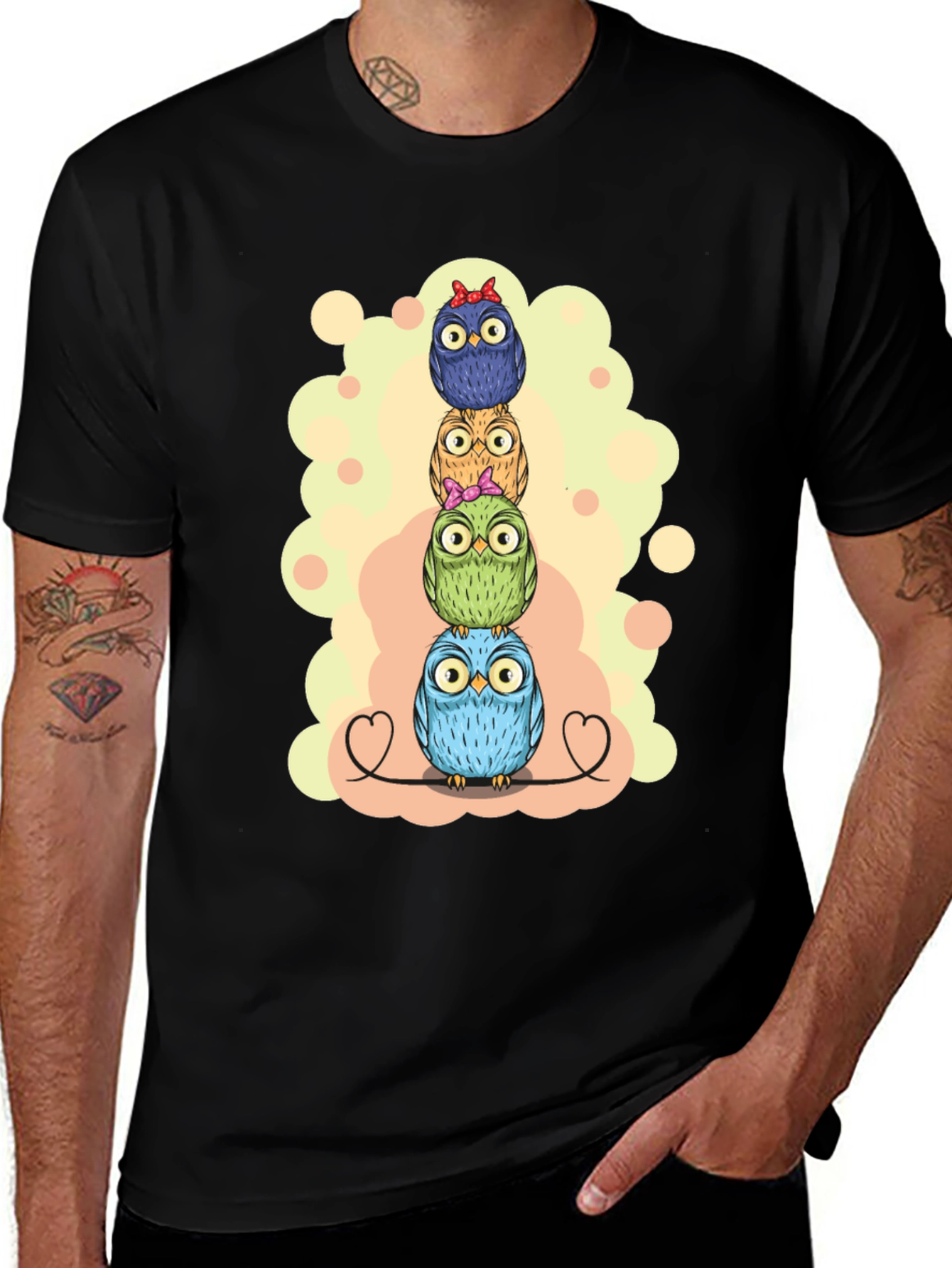 Variant 28 of Stacked Owls Graphic Tee - Black Cotton T-Shirt