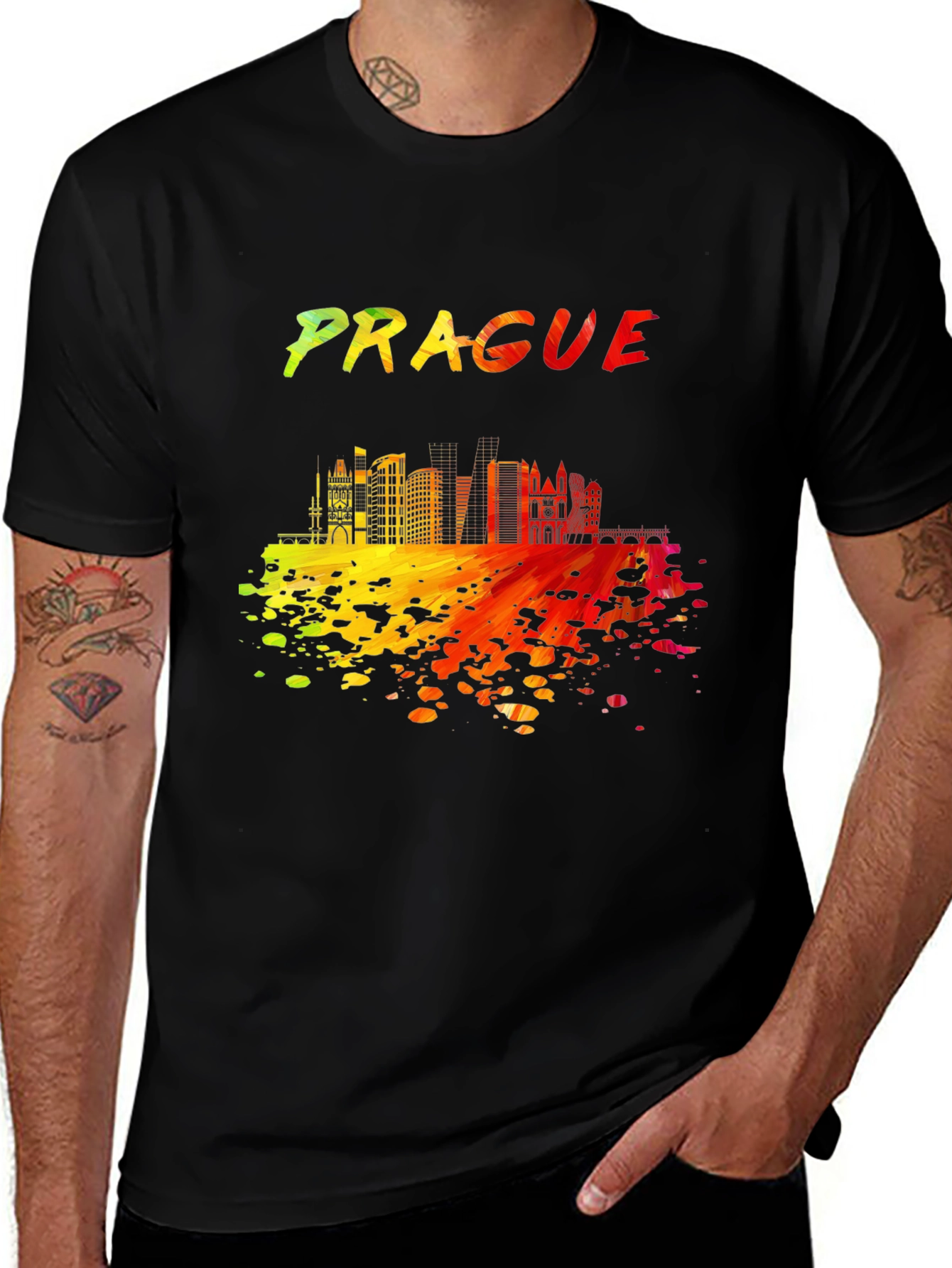 Prague Skyline Men's Black Graphic T-Shirt