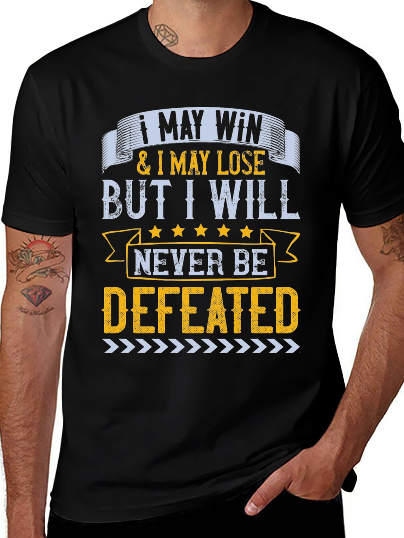 Variant 21 of Motivational 'Never Defeated' Graphic Tee