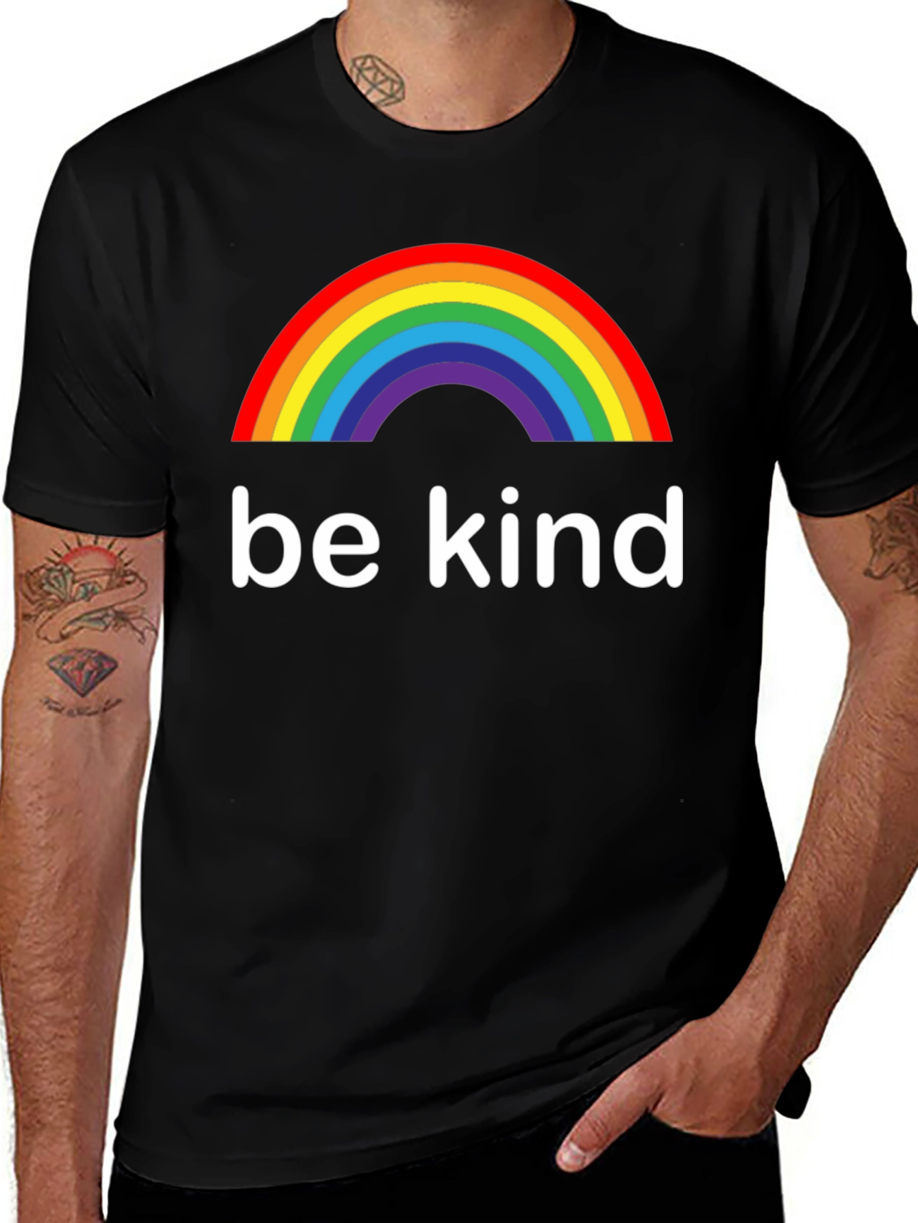 Variant 5 of Be Kind Rainbow Graphic Tee - Black Cotton T-Shirt