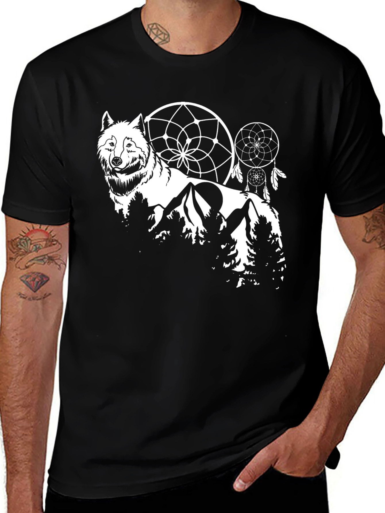Variant 16 of Wolf Dreamcatcher Graphic Tee - Black
