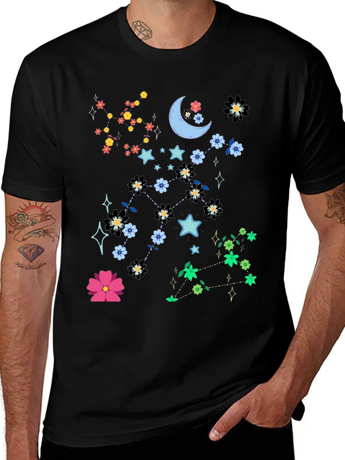 Variant 13 of Celestial Floral Constellation Black T-Shirt