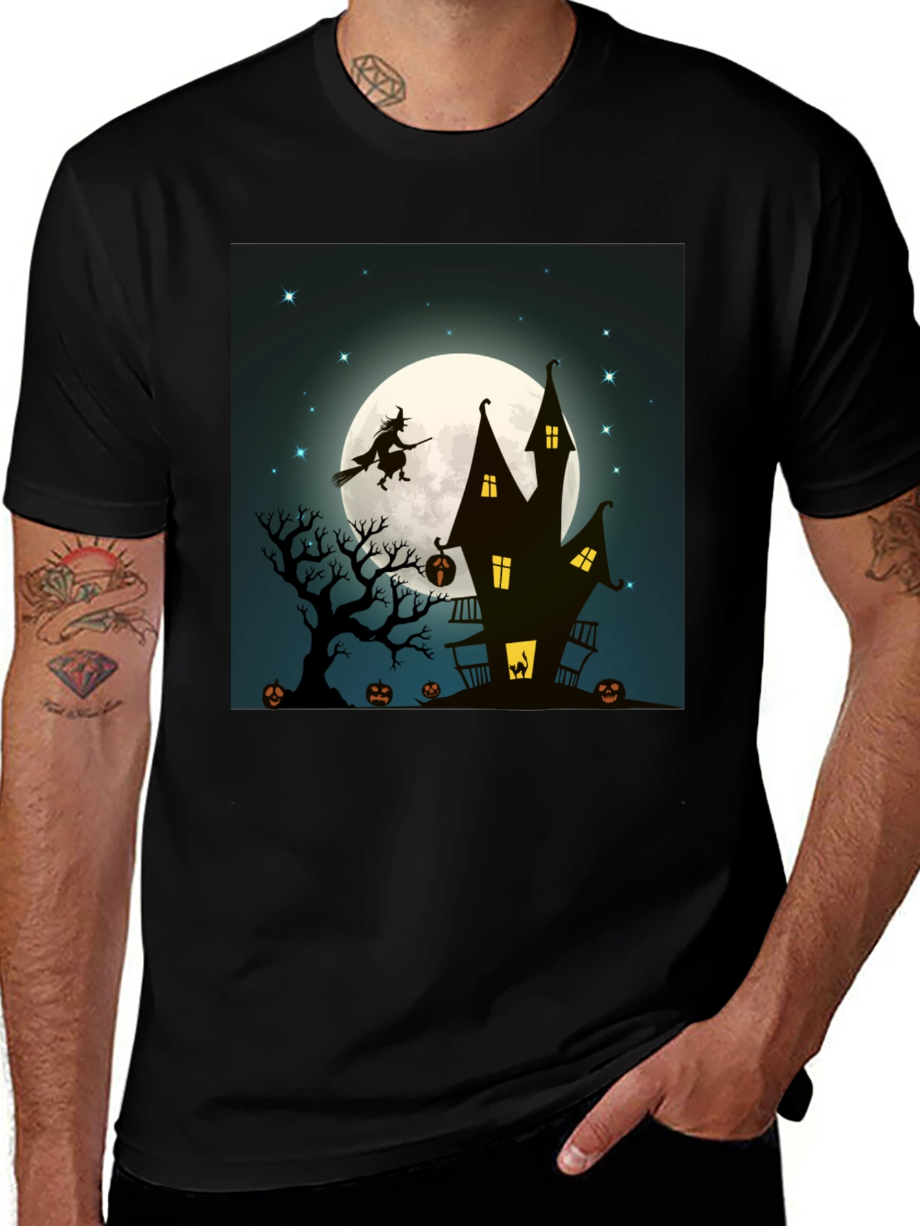 Spooky Halloween T-Shirt: Witch & Haunted House Design