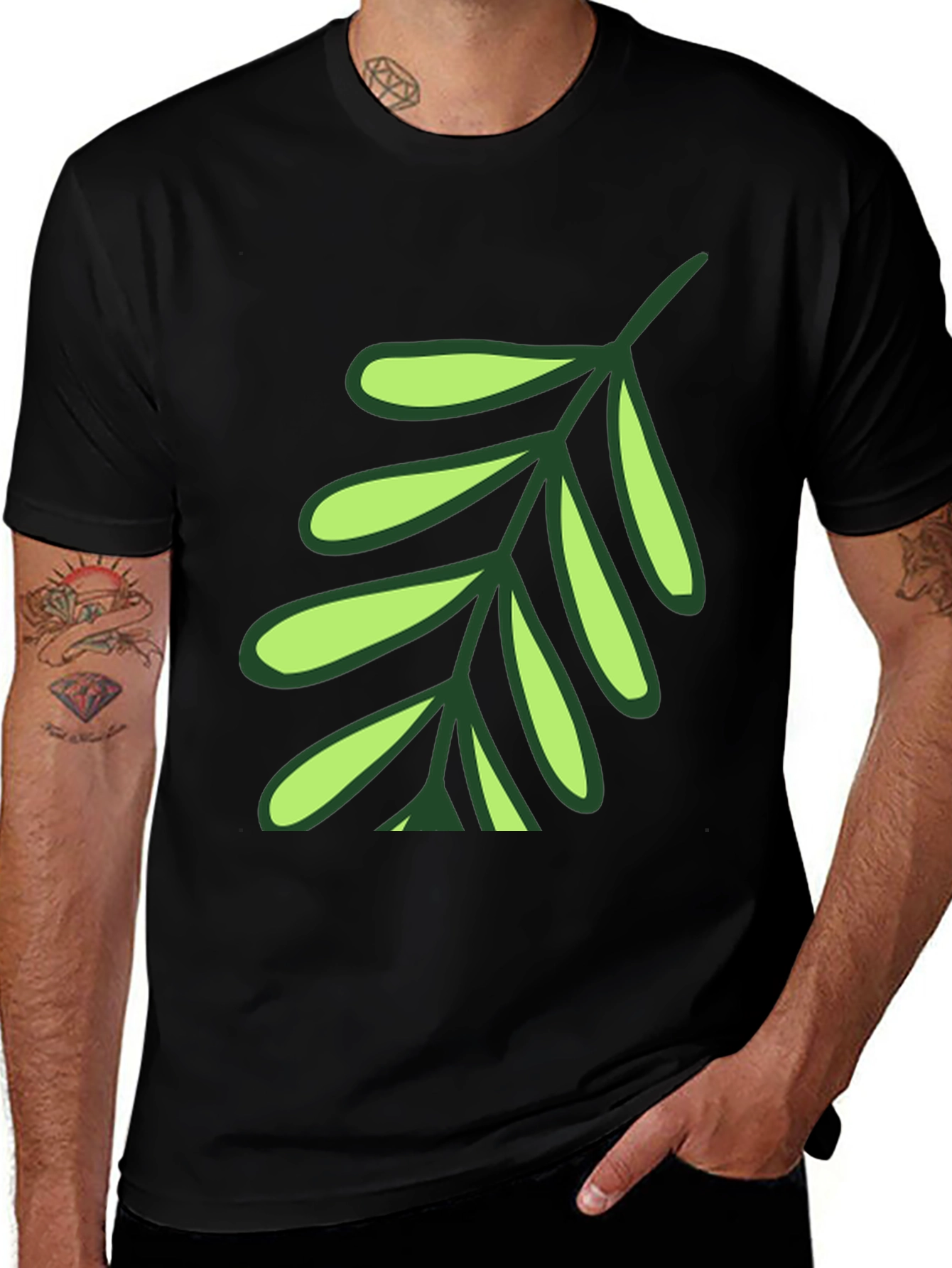 Variant 2 of Leaf Design T-Shirt - Black Cotton Blend