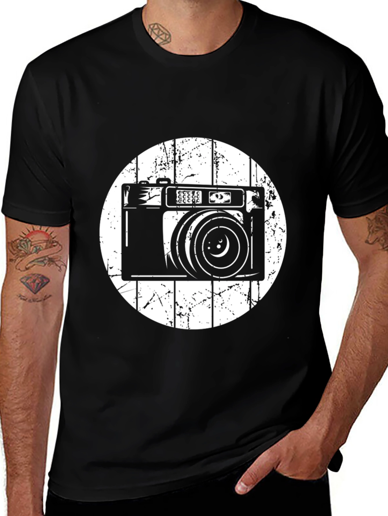 Variant 6 of Retro Camera Graphic Tee - Classic Style, Black Cotton Blend