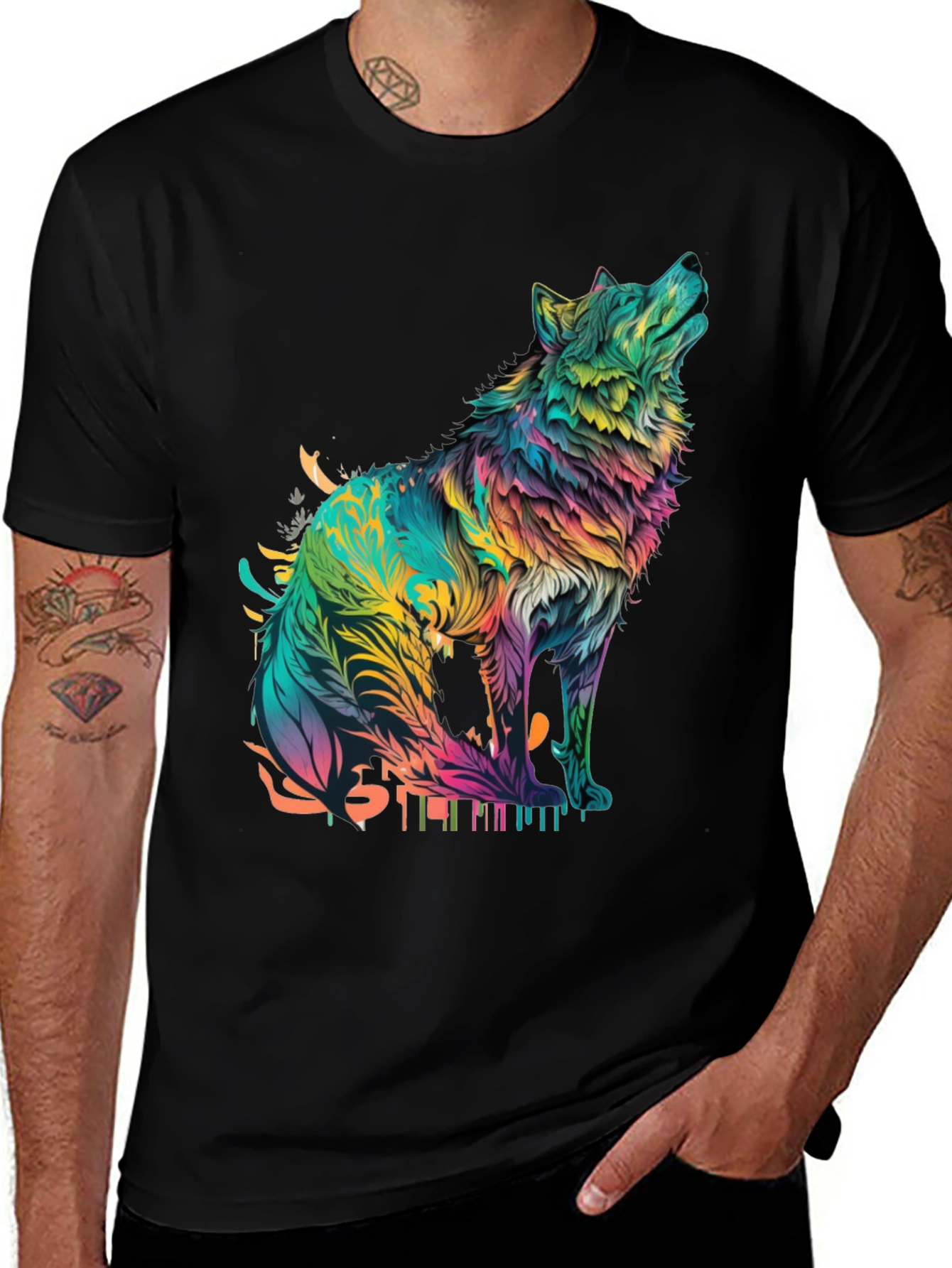 Variant 15 of Colorful Wolf Graphic Tee - Men's Black T-Shirt
