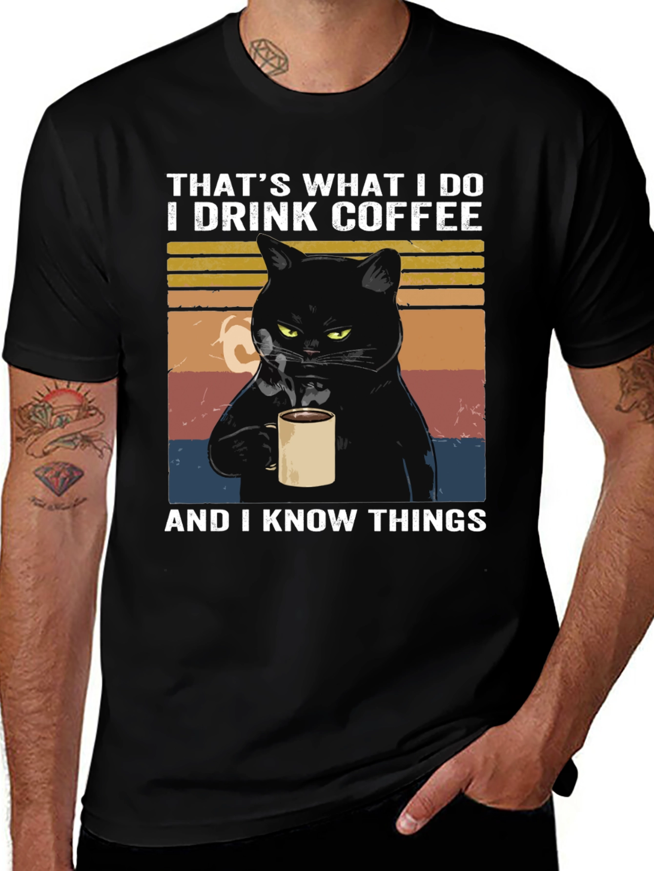 Black Coffee & Cat T-Shirt - I Drink Coffee and I Know Things main image