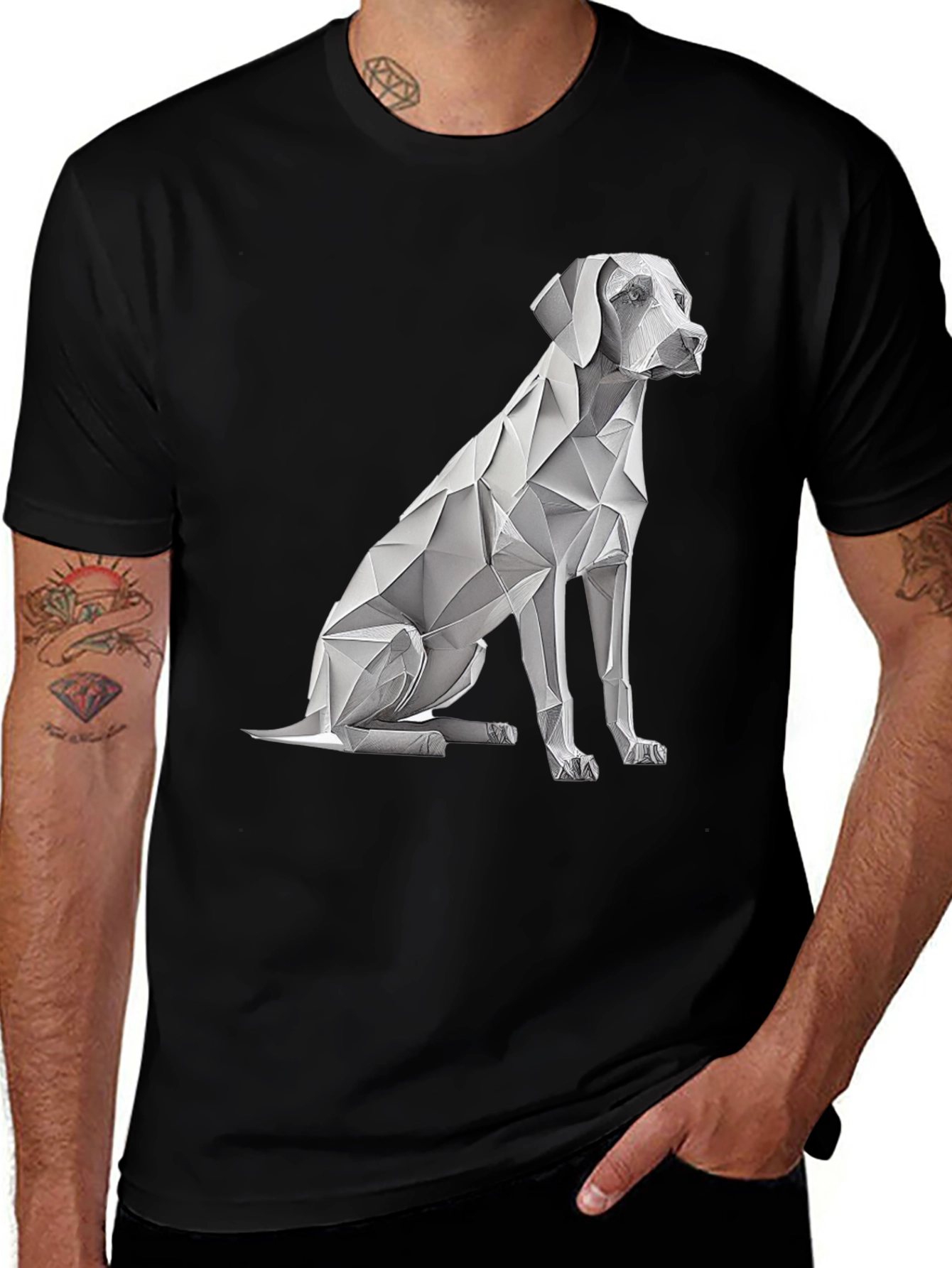 Variant 27 of Geometric Dog Graphic Tee - Stylish Men's Black T-Shirt