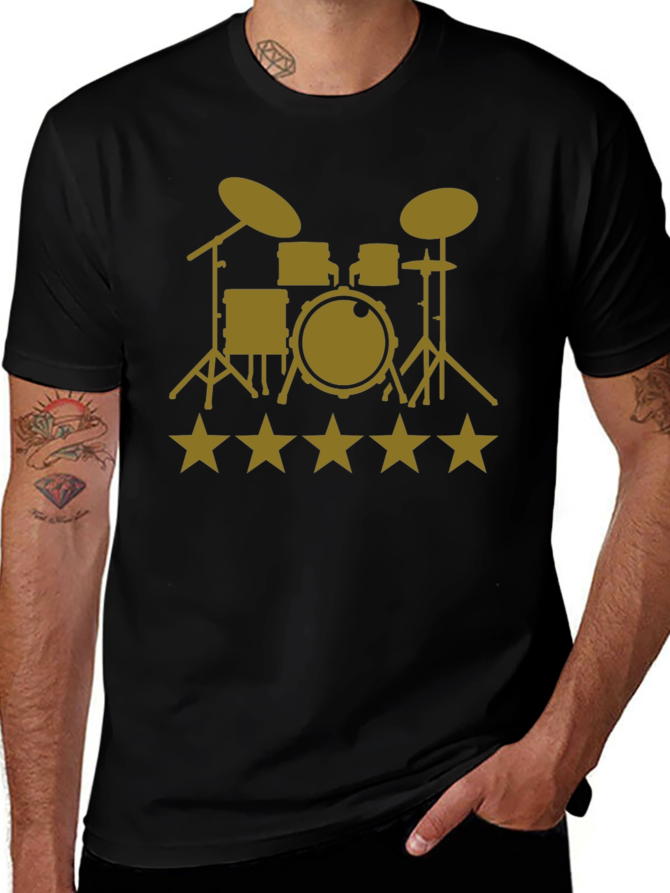 Variant 22 of Drum Set & Stars Graphic Tee - Black Cotton T-Shirt
