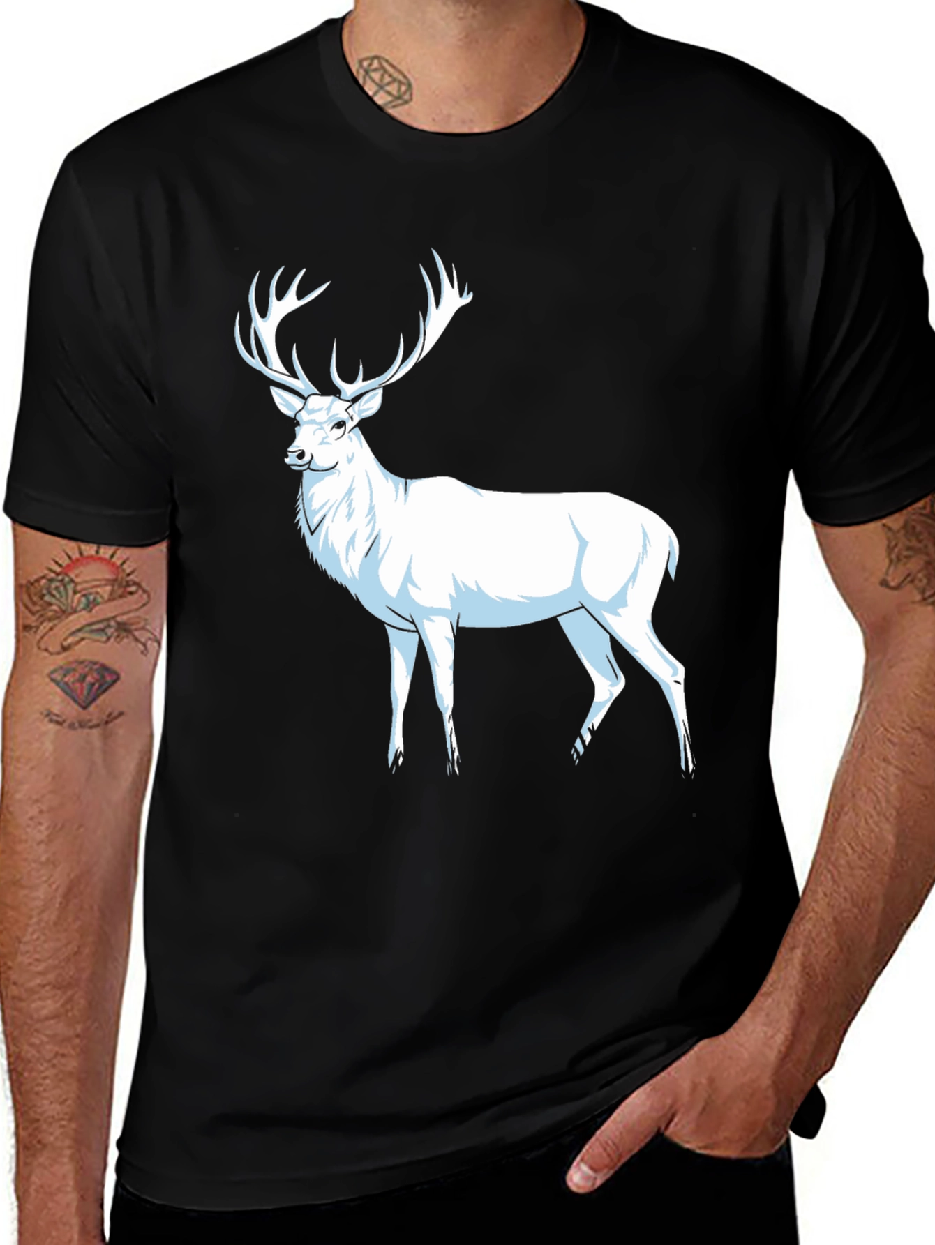 Black T-Shirt with White Deer Graphic