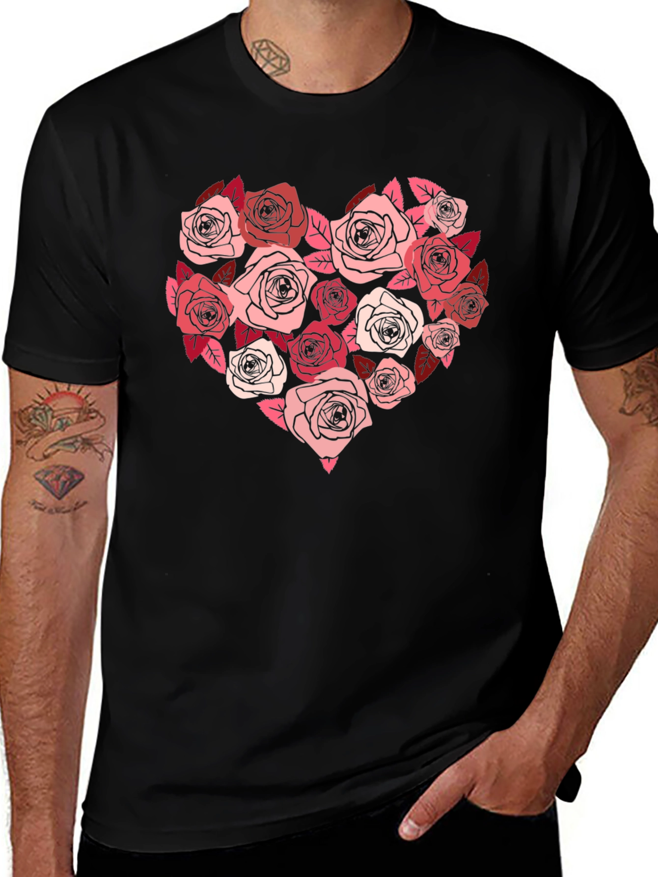 Black Floral Heart Graphic Tee - Black Casual T-Shirt main image