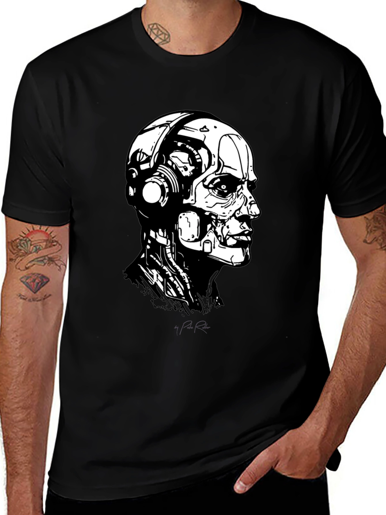 Variant 21 of Cyberpunk Robot Head Black T-Shirt