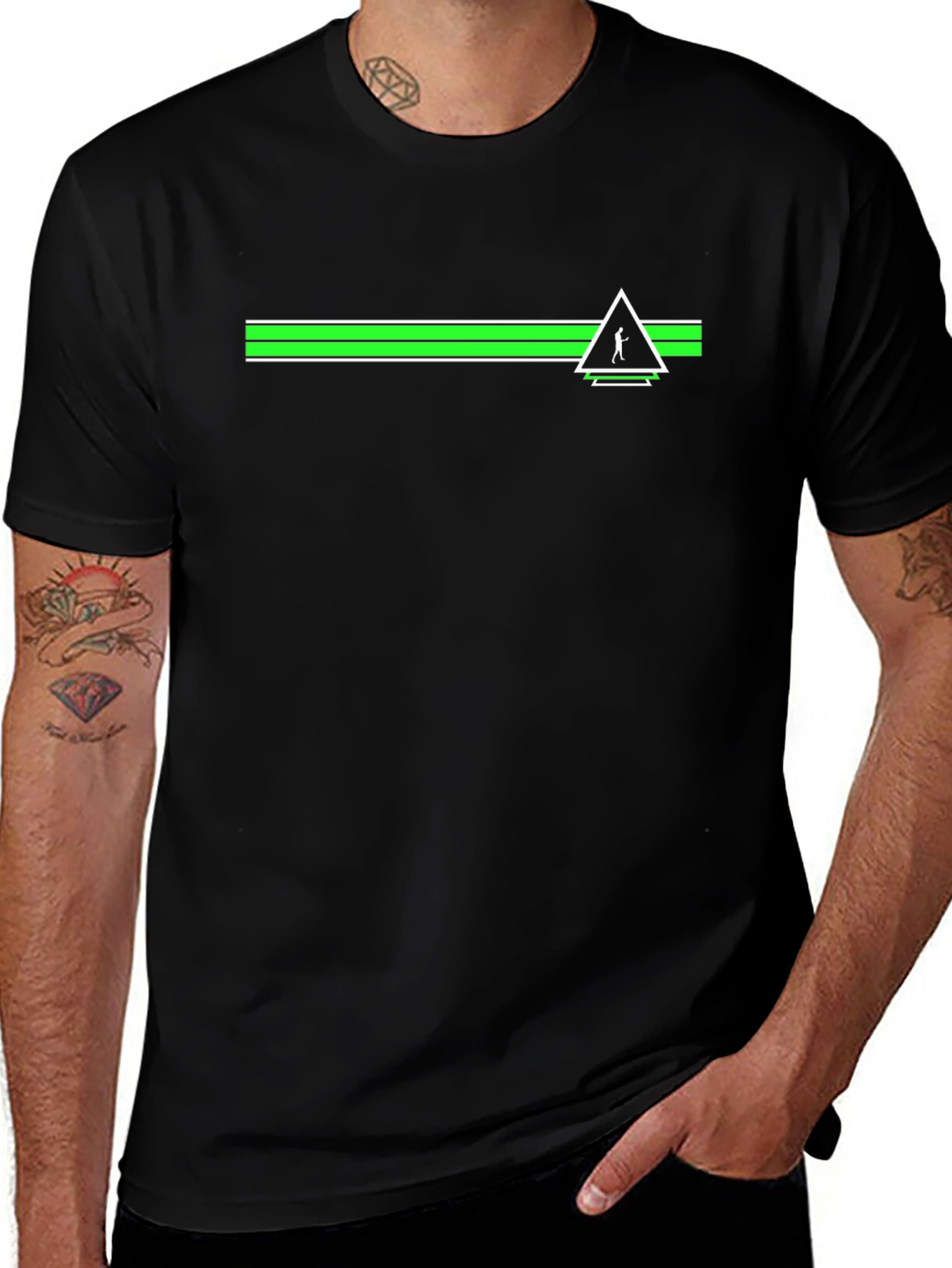 Variant 17 of Black T-Shirt with Green Stripe and Figure Triangle Logo