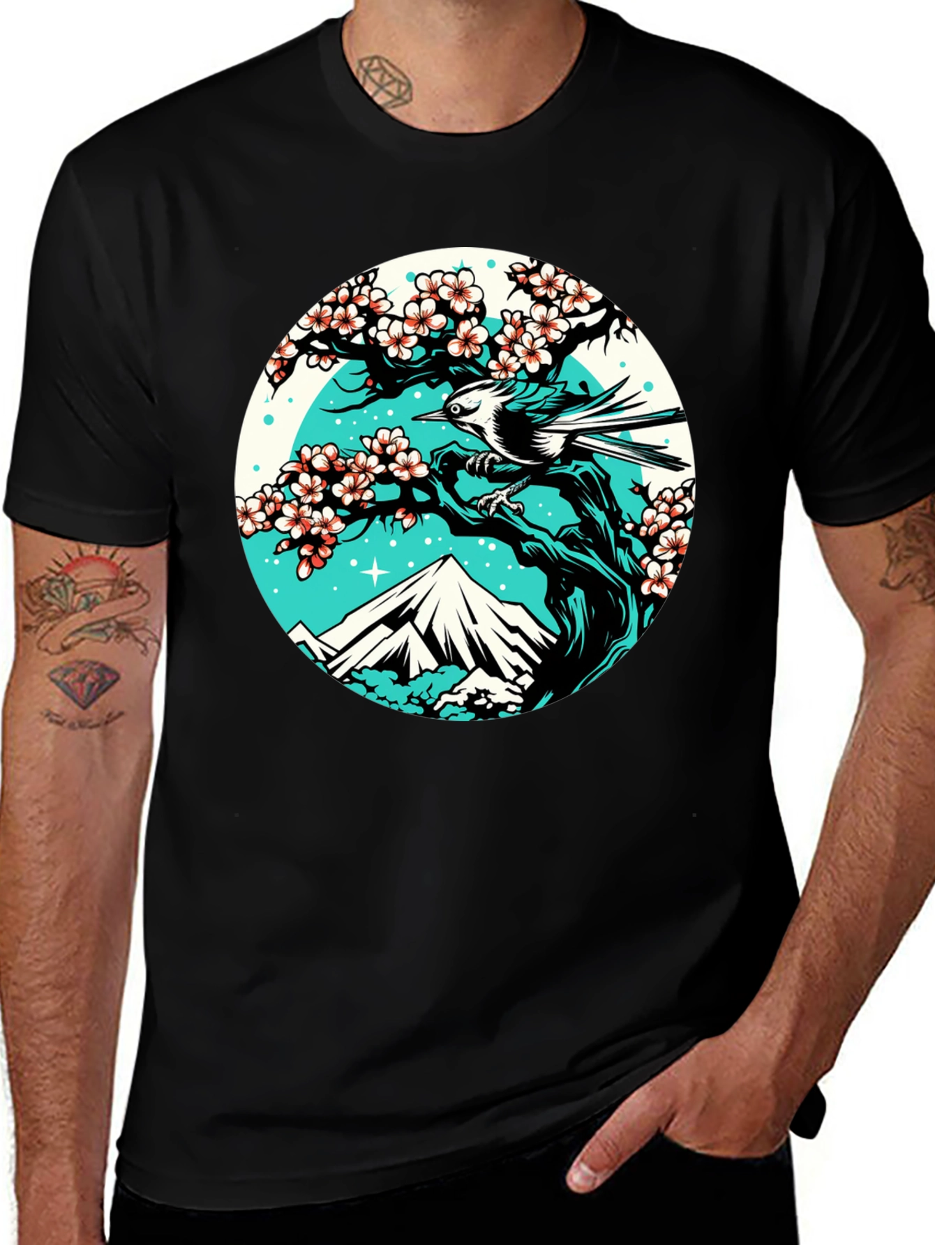 Variant 17 of Nature Scene Graphic Tee - Bird Cherry Blossom Mountain