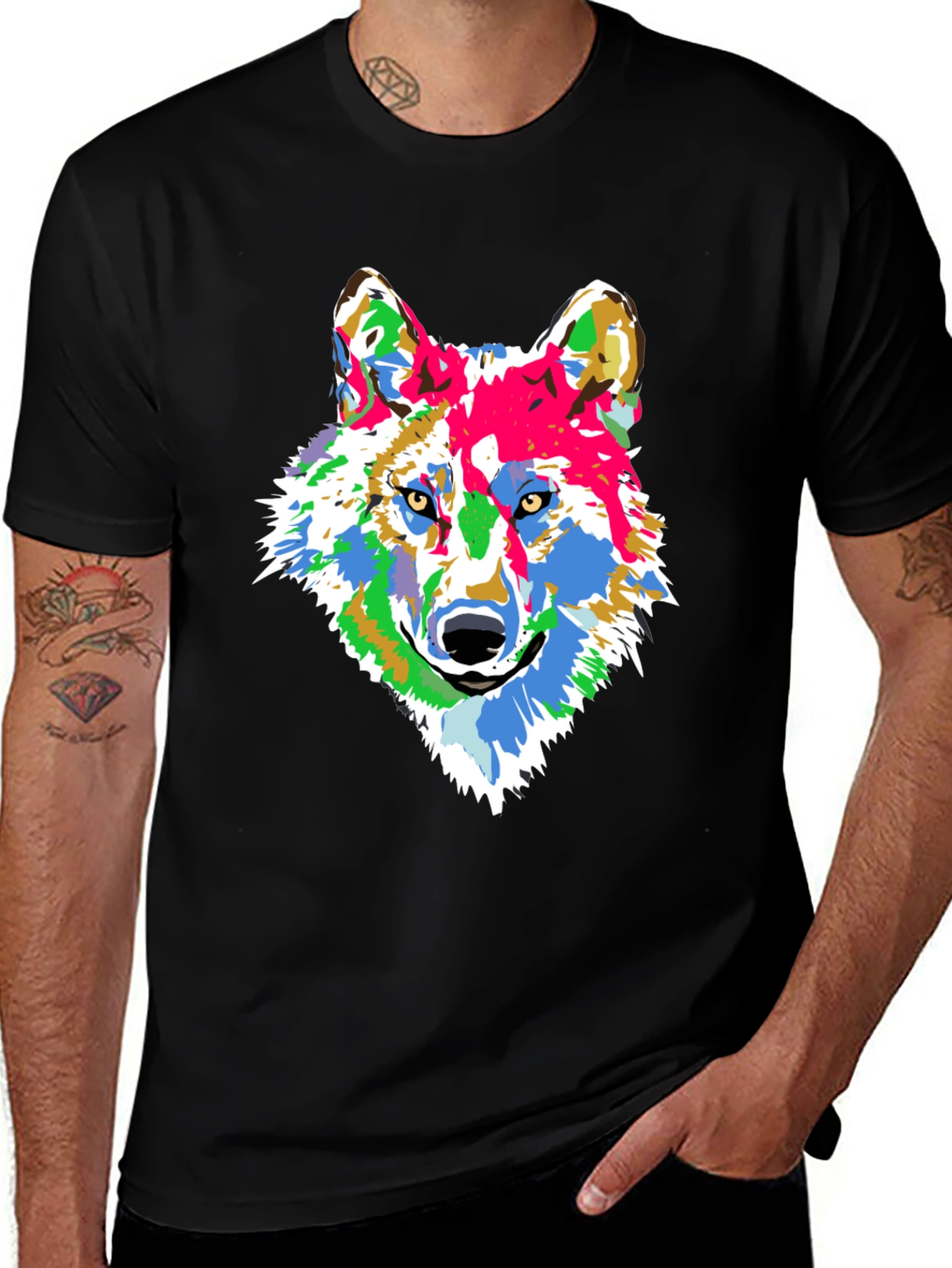 Variant 27 of Colorful Wolf Graphic Print Black T-Shirt