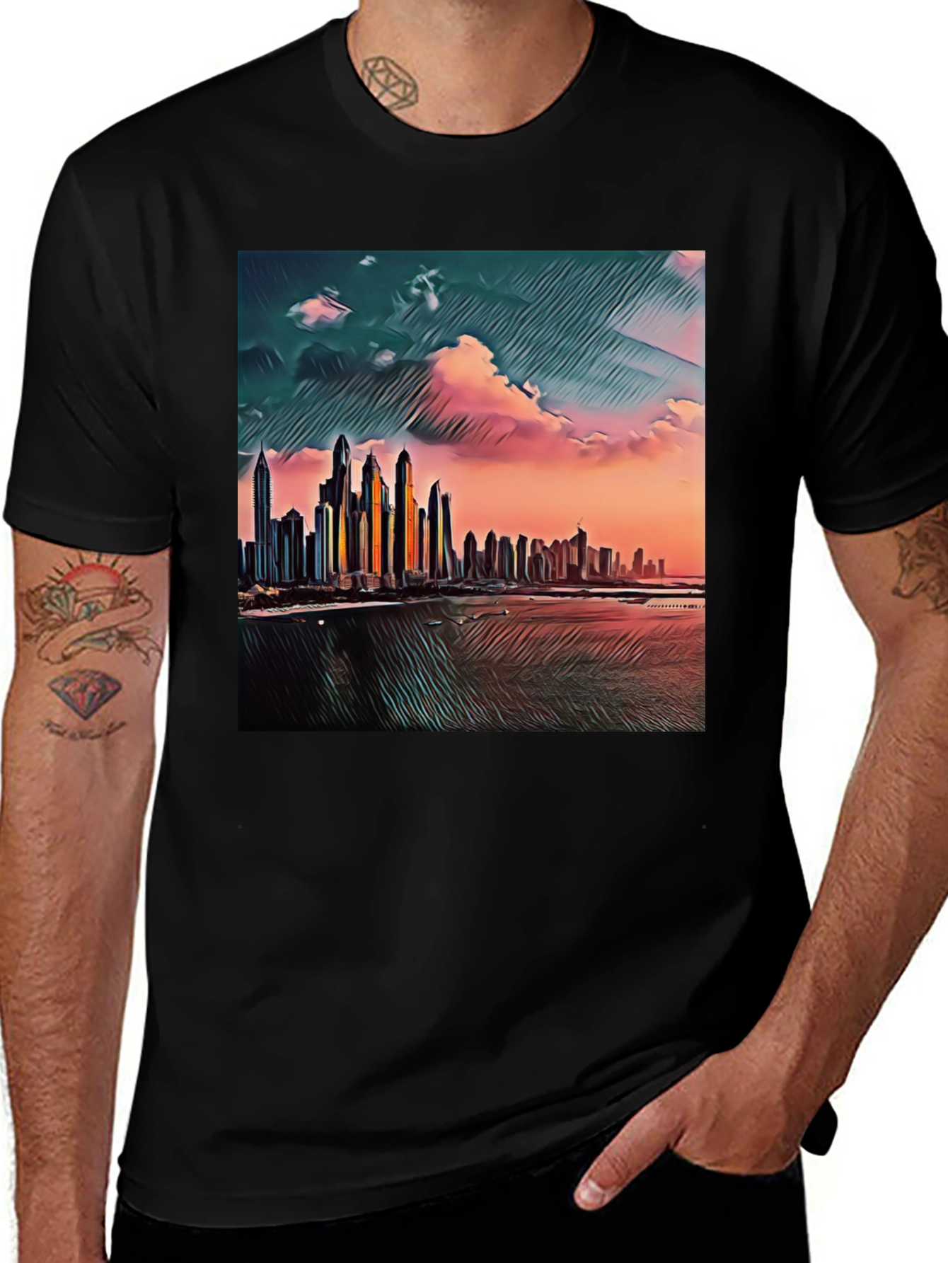 Variant 29 of Dubai Skyline Art T-Shirt - Black Crew Neck Tee