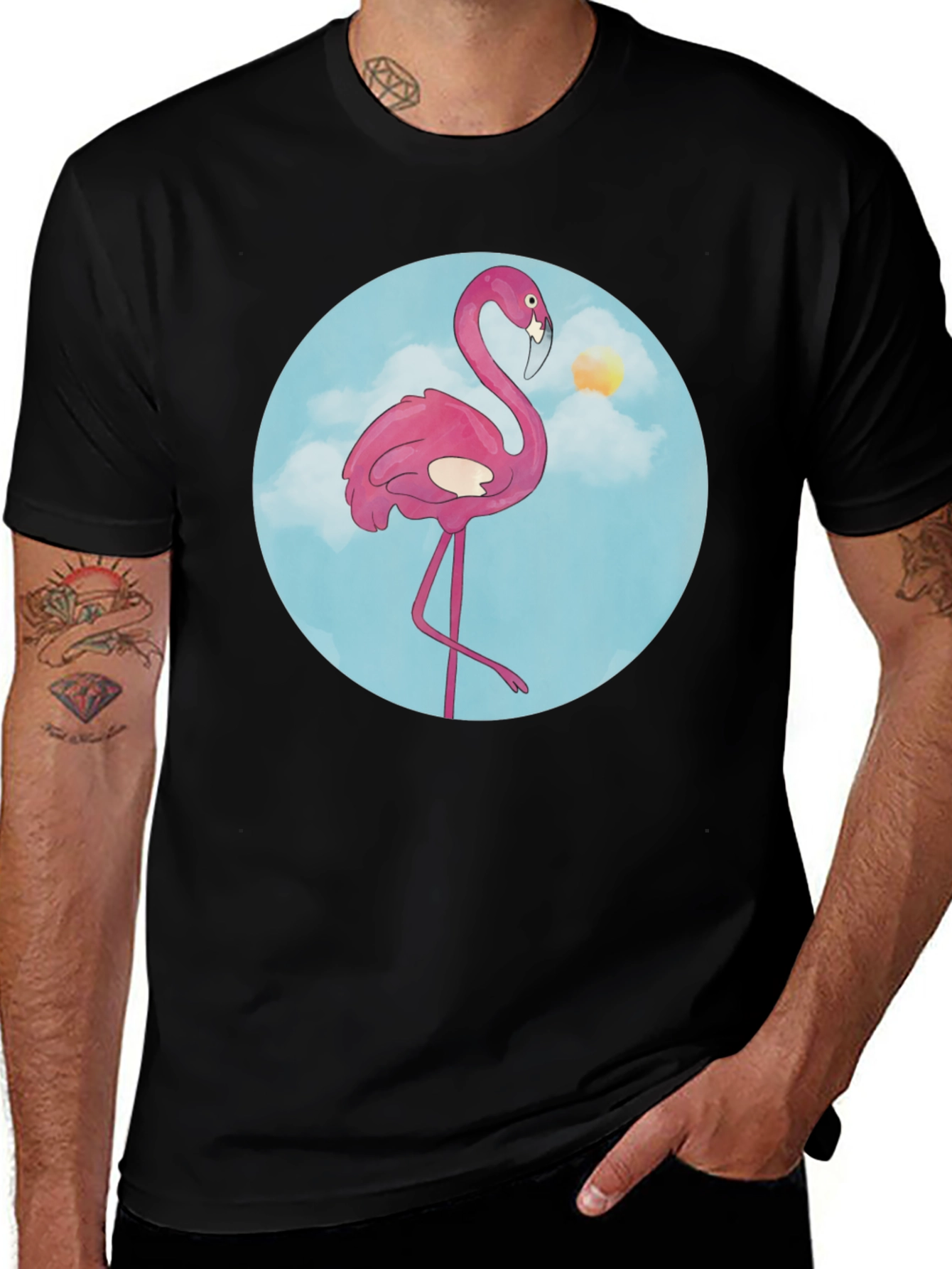 Variant 17 of Fun Flamingo Graphic Tee - Black Cotton T-Shirt